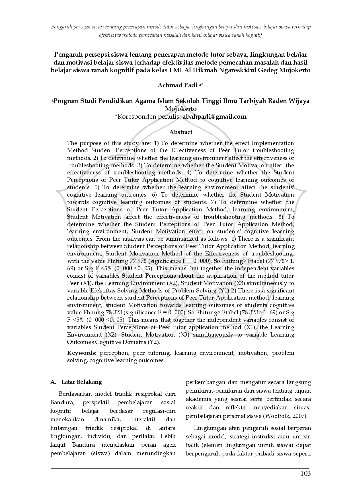 juris Pengaruh Persepsi Siswa tentang Penerapan Metode Tutor Sebaya Lingkungan Belajar dan Motivasi Belajar Siswa terhadap Efektivitas Metode Pemecahan Masalah dan Hasil Belajar Siswa Ranah Kognitif pada K