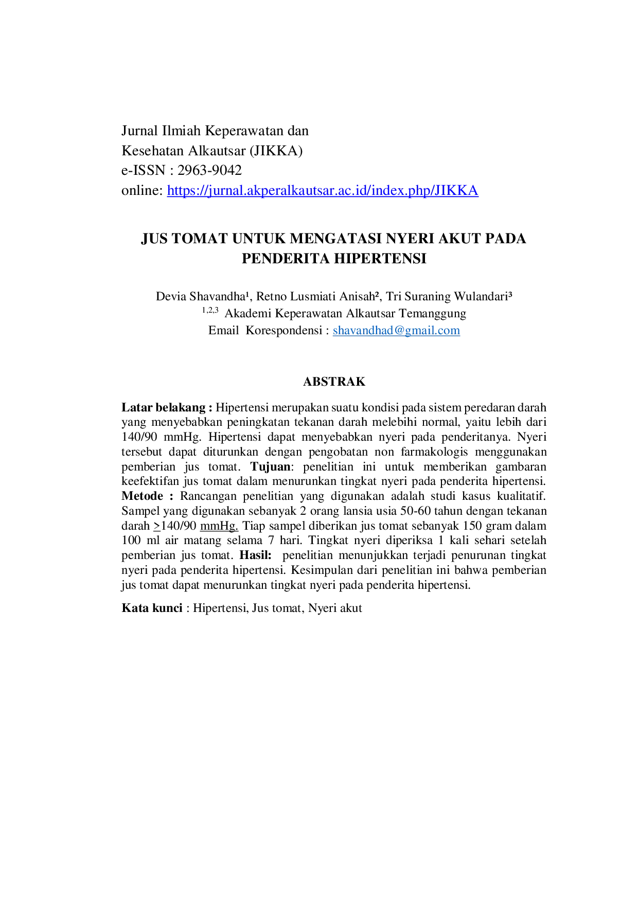 JURIS Jus Tomat Untuk Mengatasi Nyeri Akut Pada Penderita Hipertensi