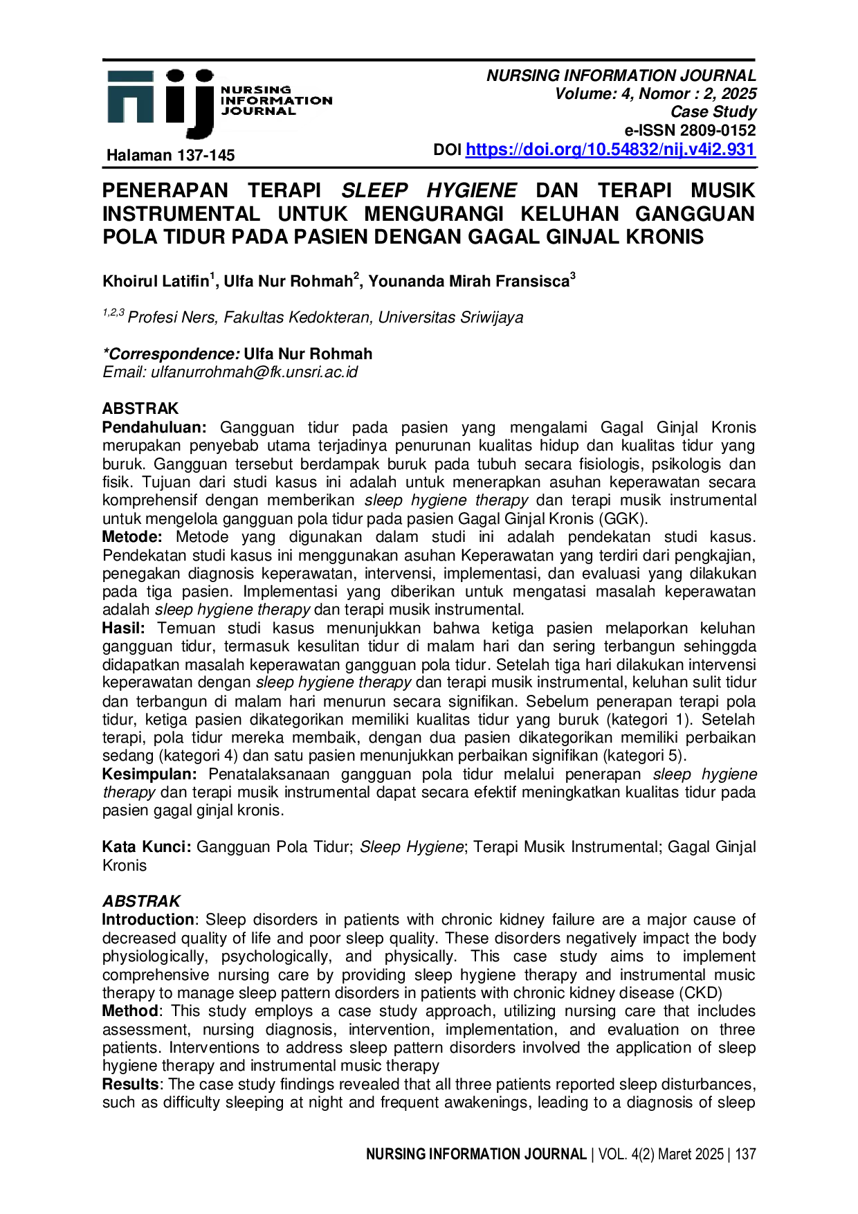 JURIS Penerapan Terapi Sleep Hygiene dan Terapi Musik Instrumental untuk Mengurangi Keluhan Gangguan Pola Tidur pada Pasien dengan Gagal Ginjal Kronis
