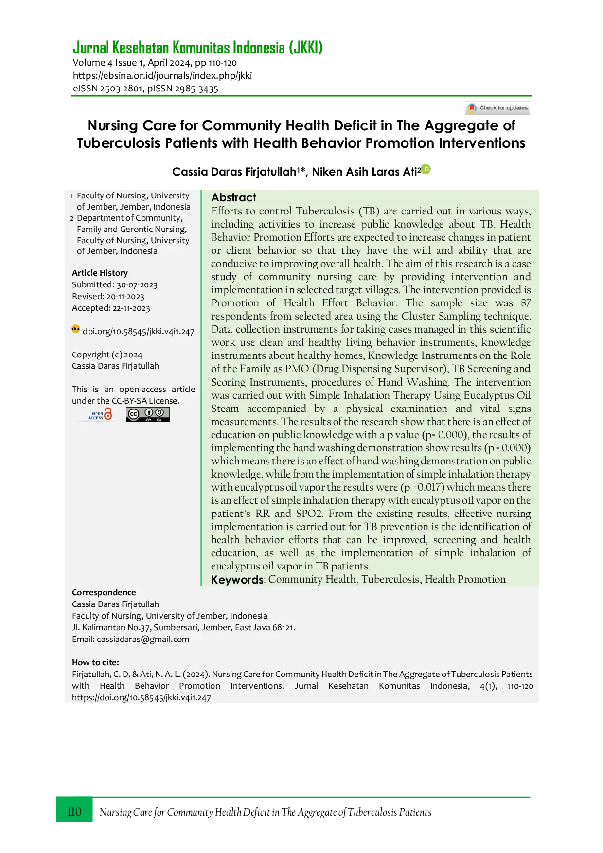 JURIS Nursing Care for Community Health Deficit in The Aggregate of Tuberculosis Patients with Health Behavior Promotion Interventions