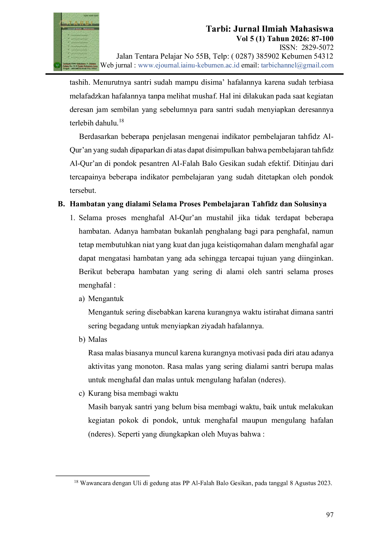 JURIS Efektivitas Pembelajaran Tahfidz Al Qur an di Pondok Pesantren Al Falah Balo Gesikan