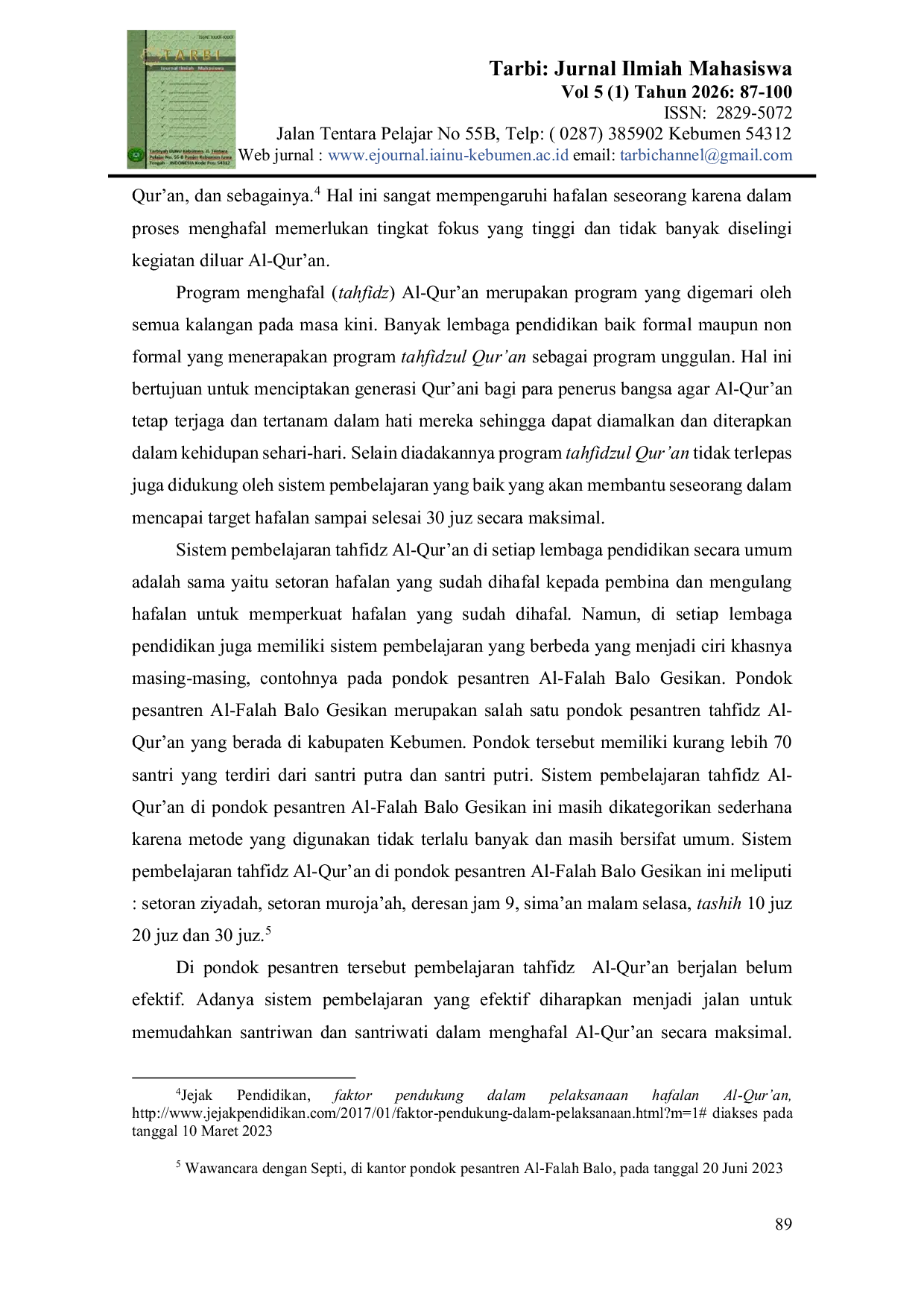 JURIS Efektivitas Pembelajaran Tahfidz Al Qur an di Pondok Pesantren Al Falah Balo Gesikan