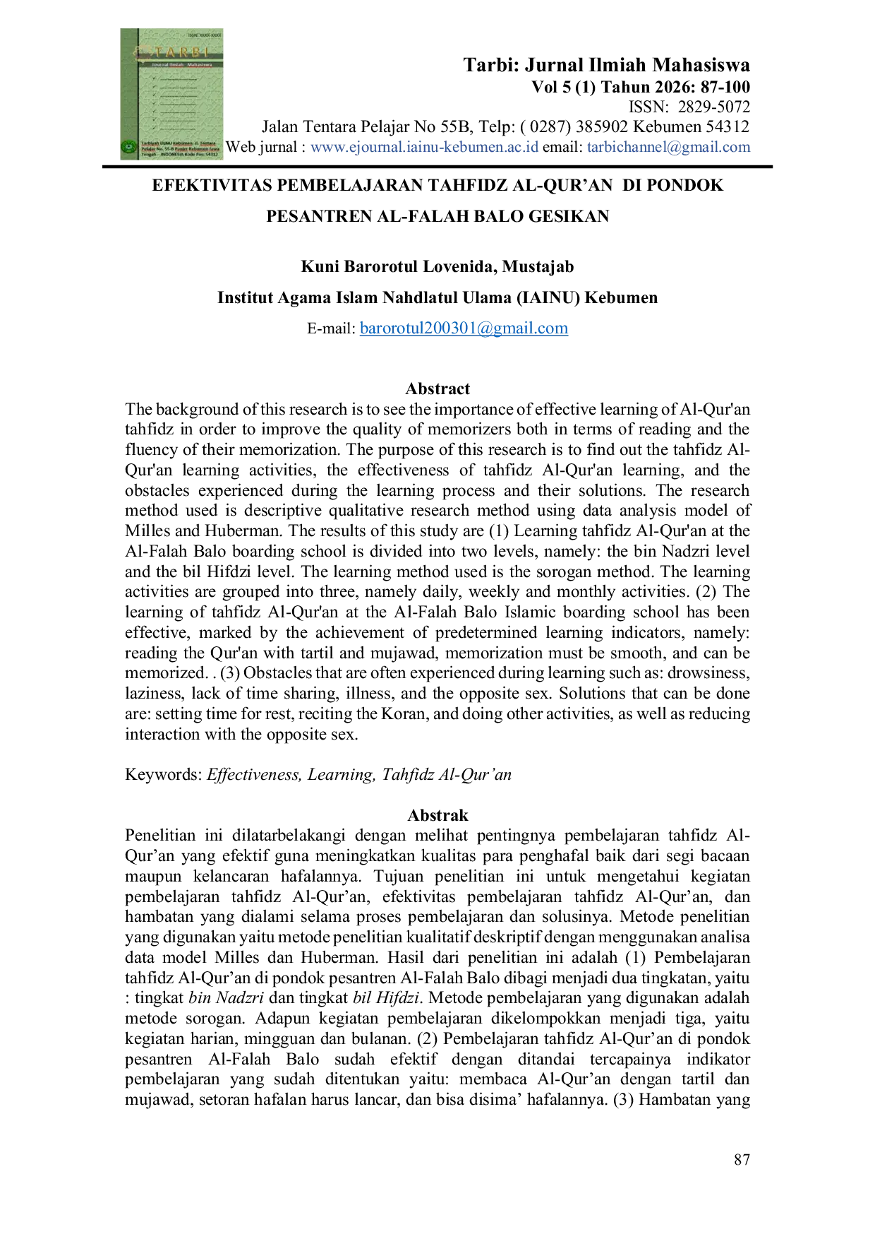 JURIS Efektivitas Pembelajaran Tahfidz Al Qur an di Pondok Pesantren Al Falah Balo Gesikan