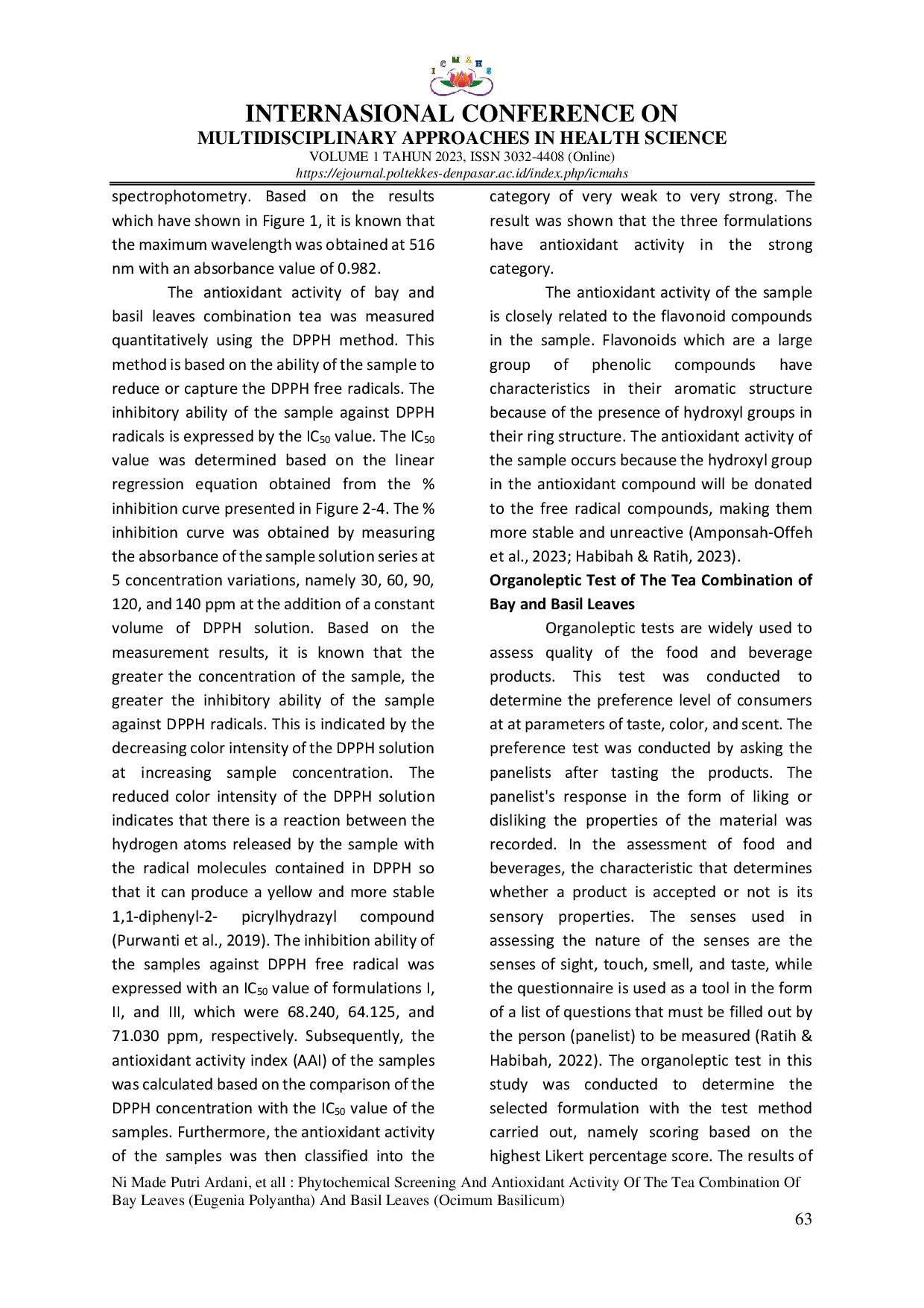JURIS PHYTOCHEMICAL SCREENING AND ANTIOXIDANT ACTIVITY OF THE TEA COMBINATION OF BAY LEAVES Eugenia Polyantha AND BASIL LEAVES Ocimum Basilicum