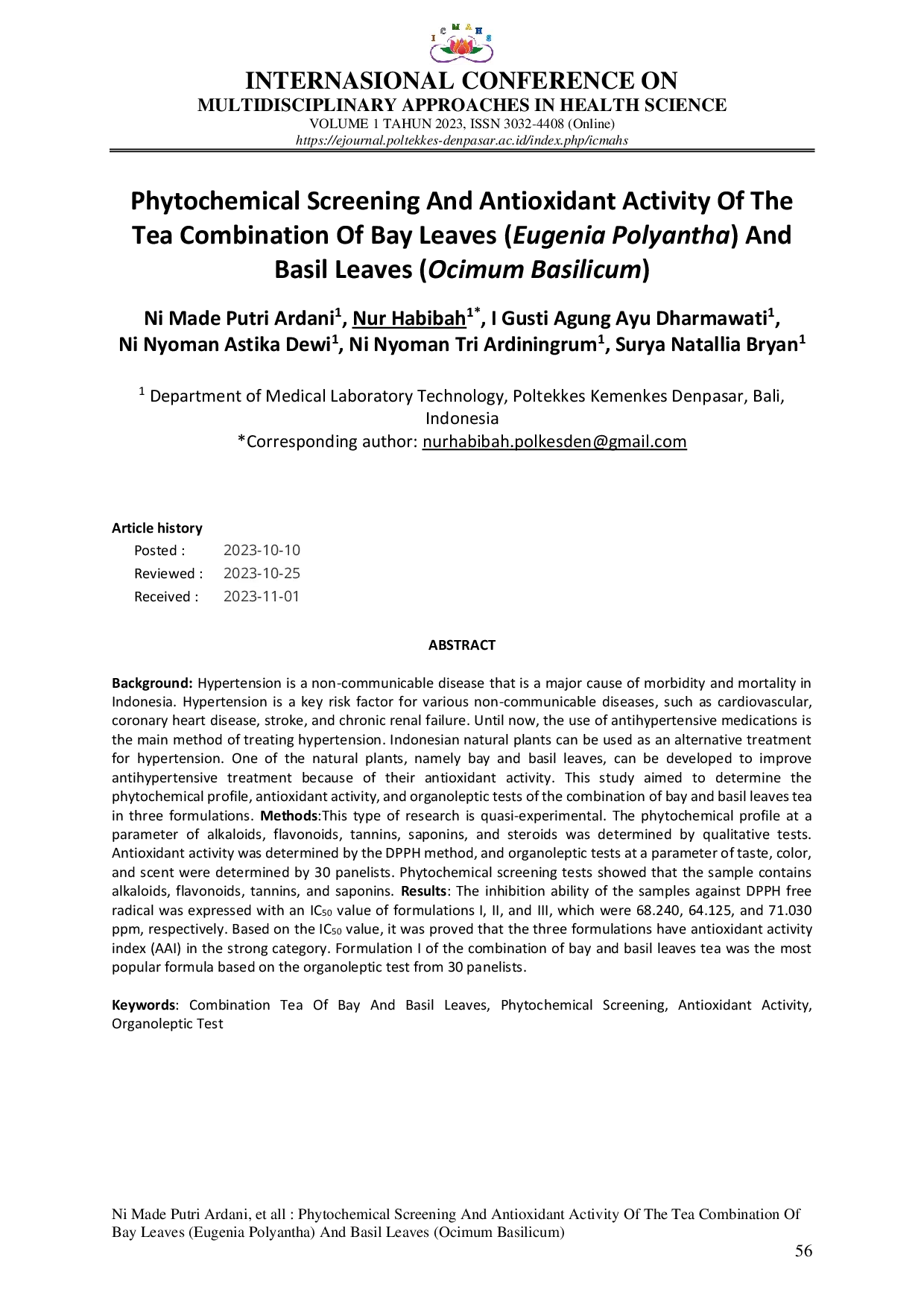 JURIS PHYTOCHEMICAL SCREENING AND ANTIOXIDANT ACTIVITY OF THE TEA COMBINATION OF BAY LEAVES Eugenia Polyantha AND BASIL LEAVES Ocimum Basilicum