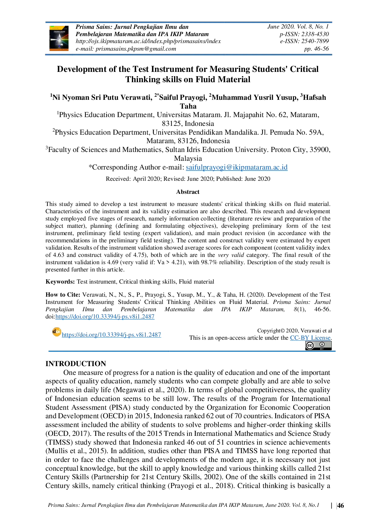 JURIS Development of the Test Instrument for Measuring Students Critical Thinking Abilities on Fluid Material