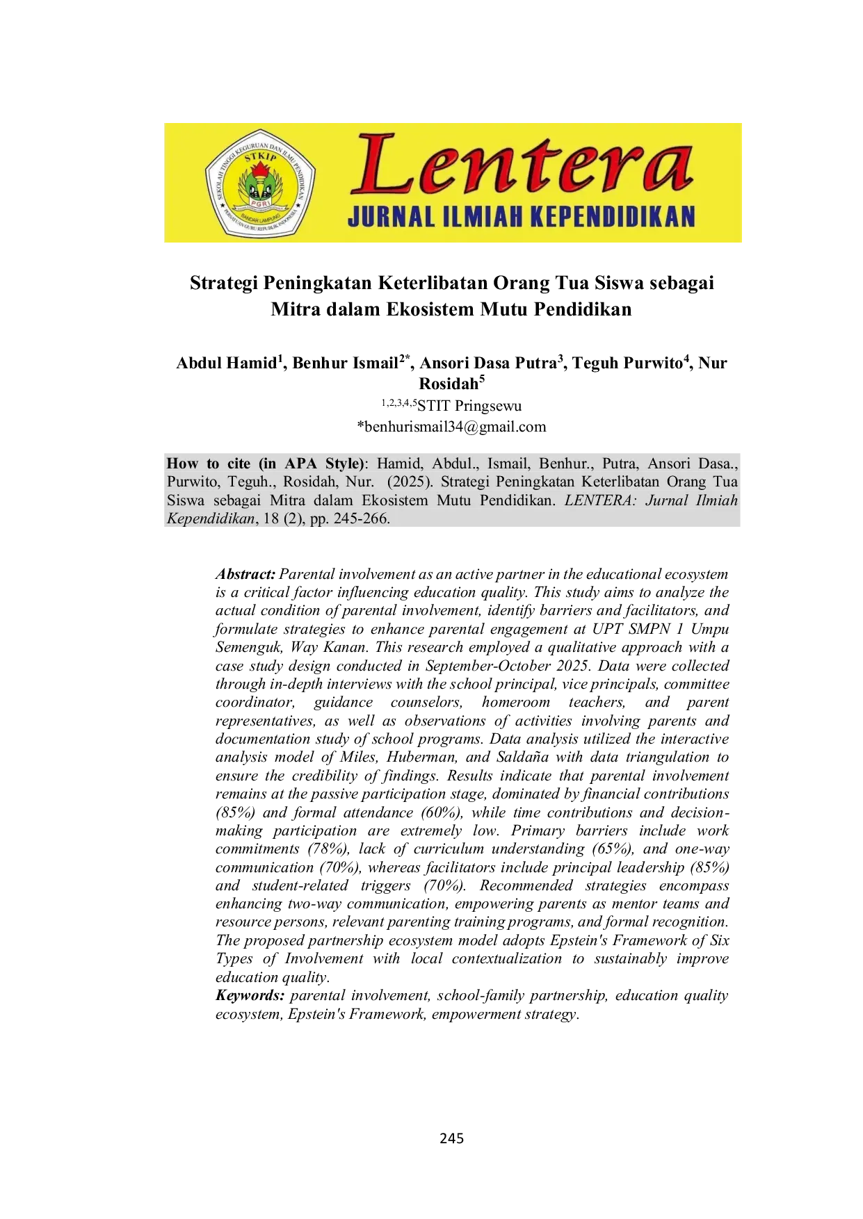 JURIS Strategi Peningkatan Keterlibatan Orang Tua Siswa sebagai Mitra dalam Ekosistem Mutu Pendidikan