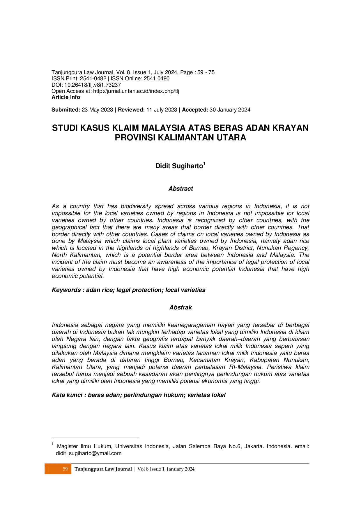 JURIS Study Case of Malaysia s Claim on Adan Rice from Krayan North Kalimantan Province
