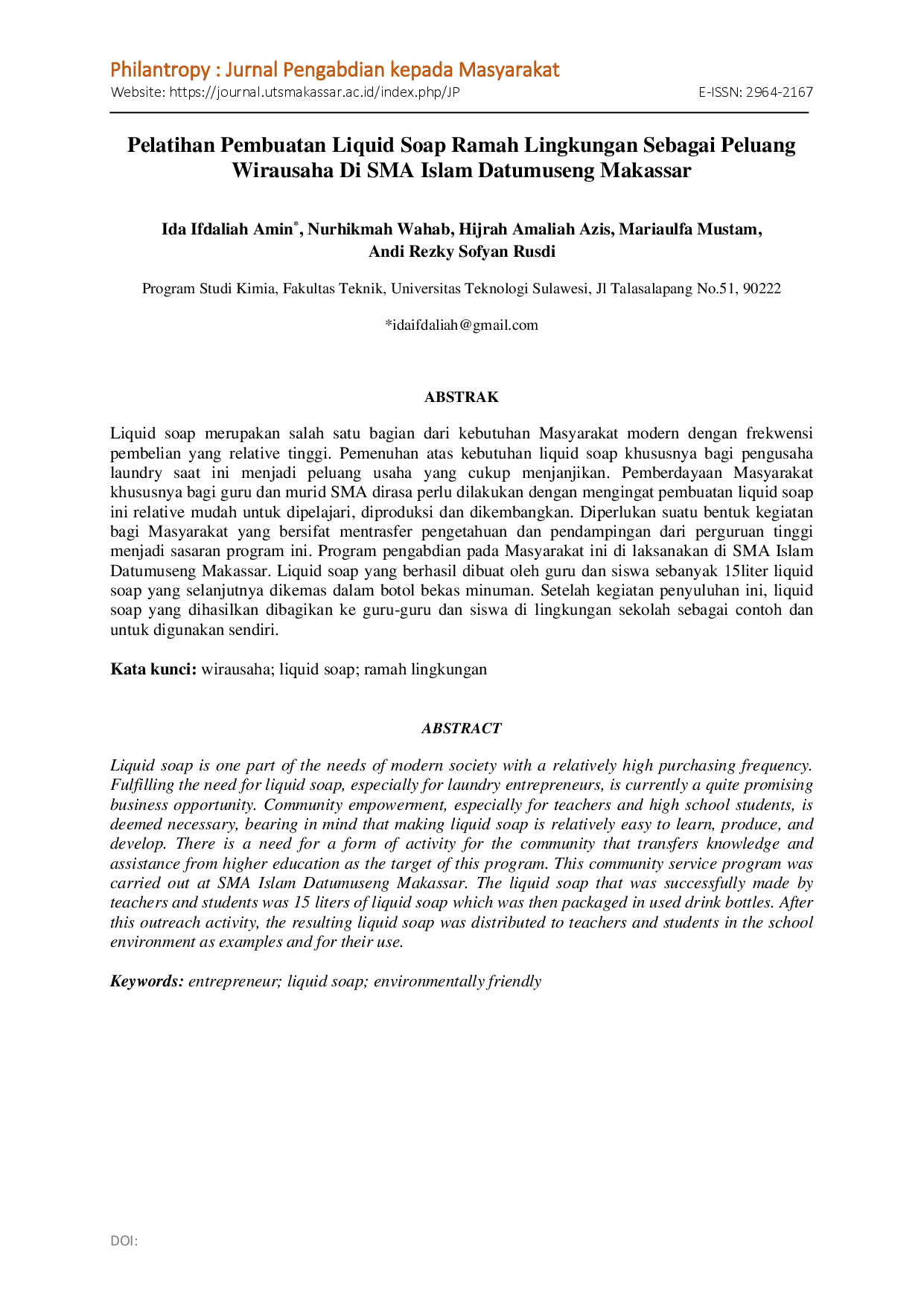 juris Pelatihan Pembuatan Liquid Soap Ramah Lingkungan Sebagai Peluang Wirausaha Di SMA Islam Datumuseng Makassar