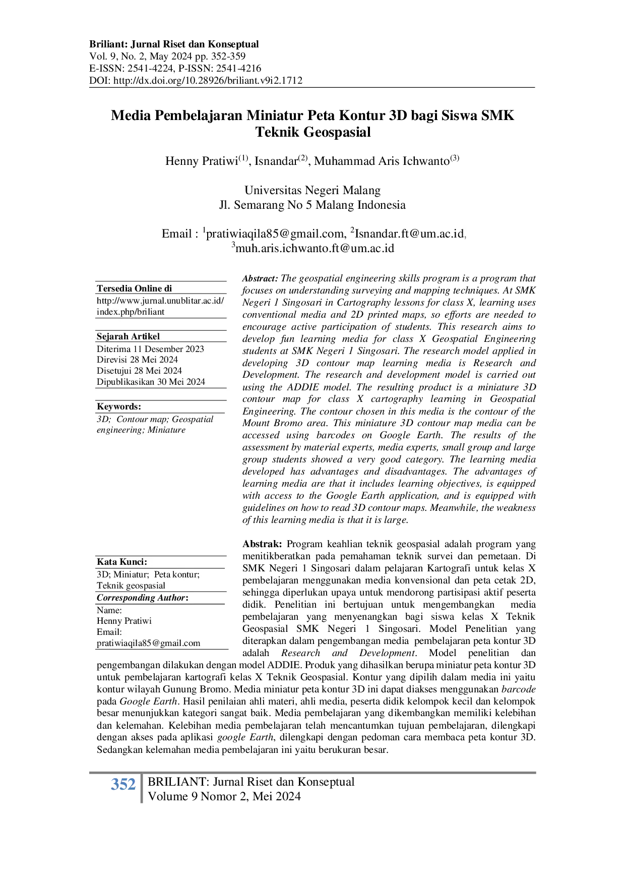 JURIS Media Pembelajaran Miniatur Peta Kontur 3D bagi Siswa SMK Teknik Geospasial
