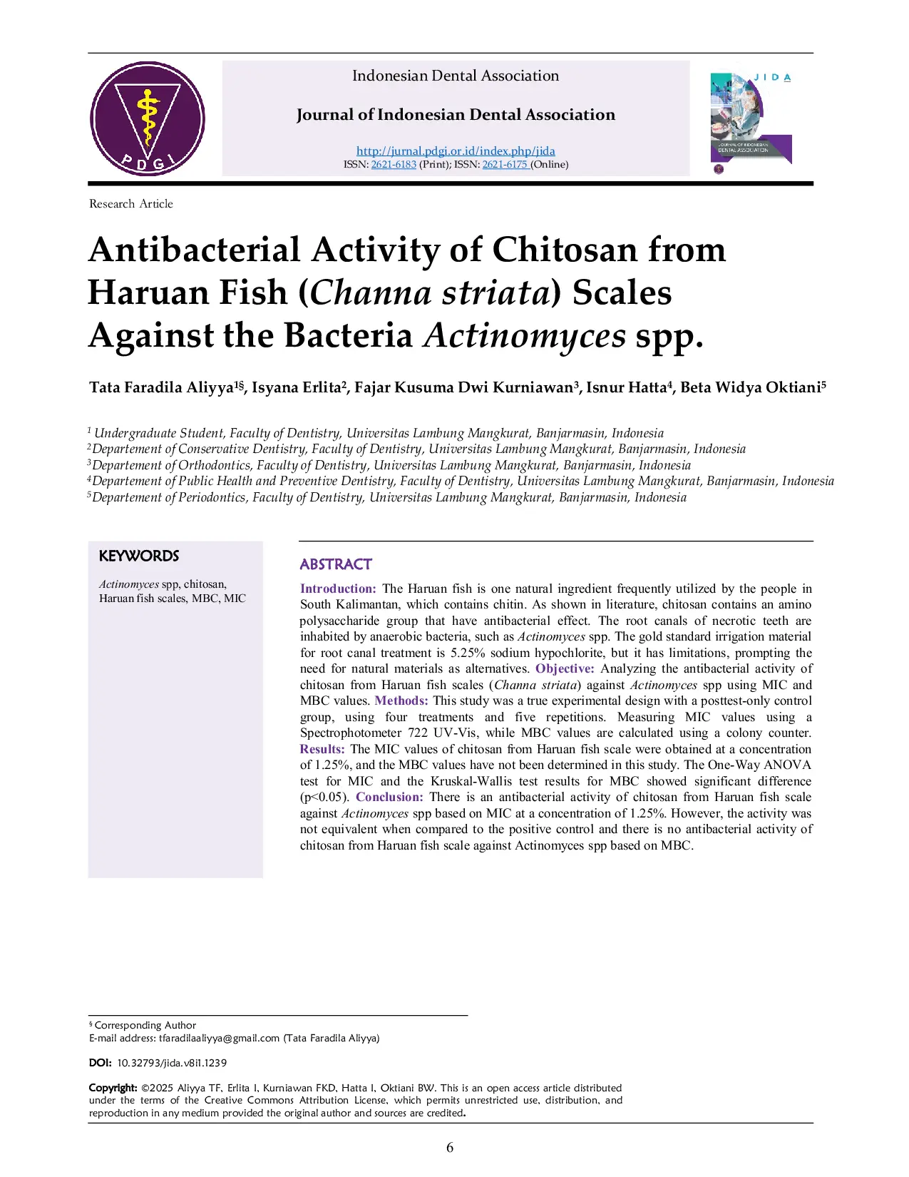 JURIS Antibacterial Activity of Chitosan from Haruan Fish Channa striata Scales against the Bacteria Actinomyces spp