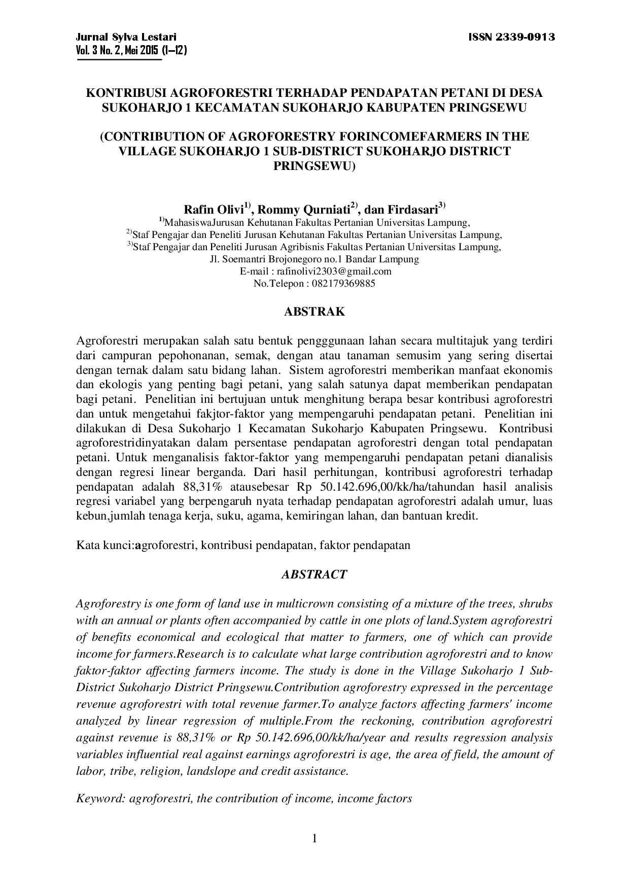 juris Kontribusi Agroforestri Terhadap Pendapatan Petani Di Desa Sukoharjo 1 Kecamatan Sukoharjo Kabupaten Pringsewu