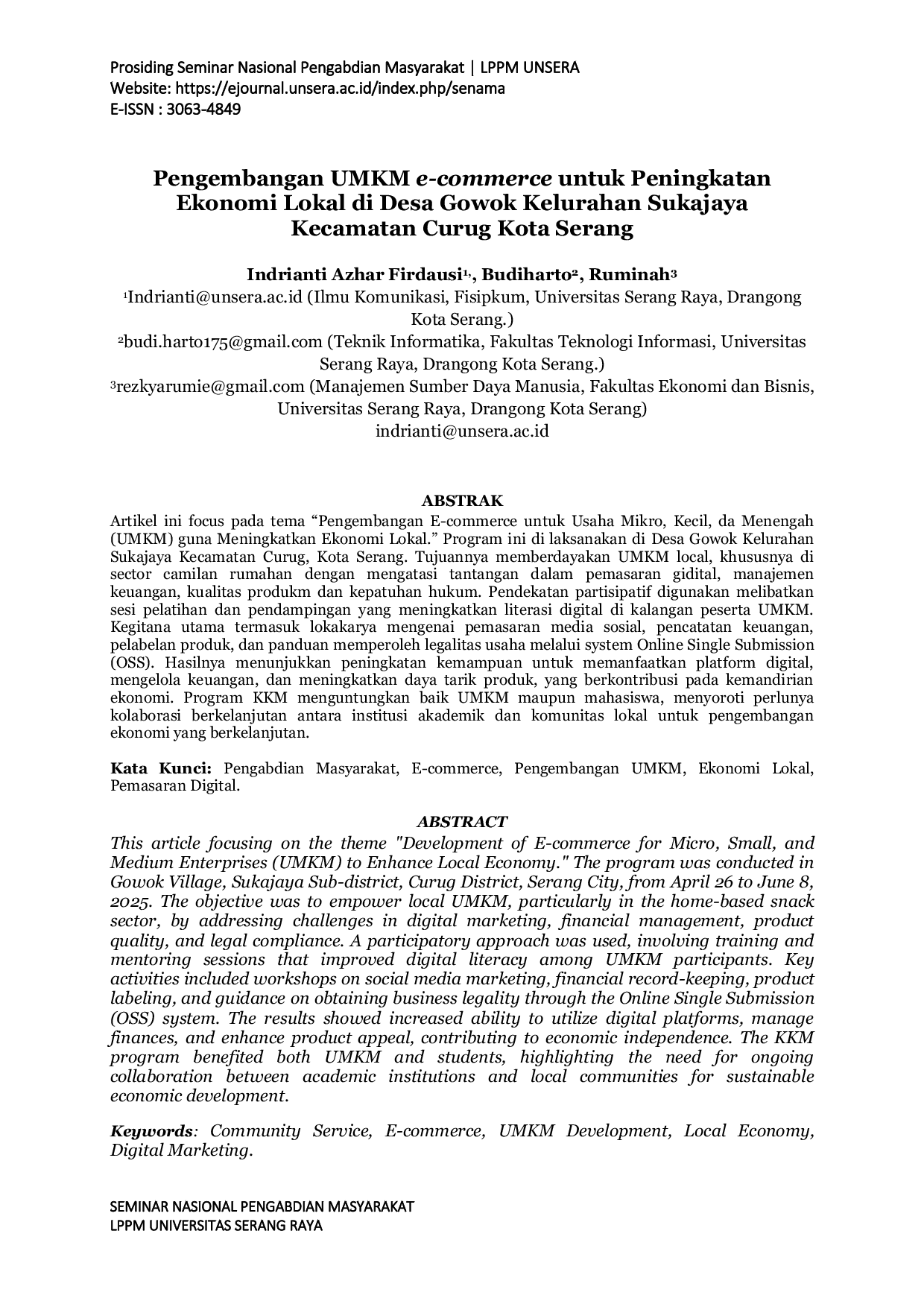 JURIS Pengembangan UMKM e commerce untuk Peningkatan Ekonomi Lokal di Desa Gowok Kelurahan Sukajaya Kecamatan Curug Kota Serang