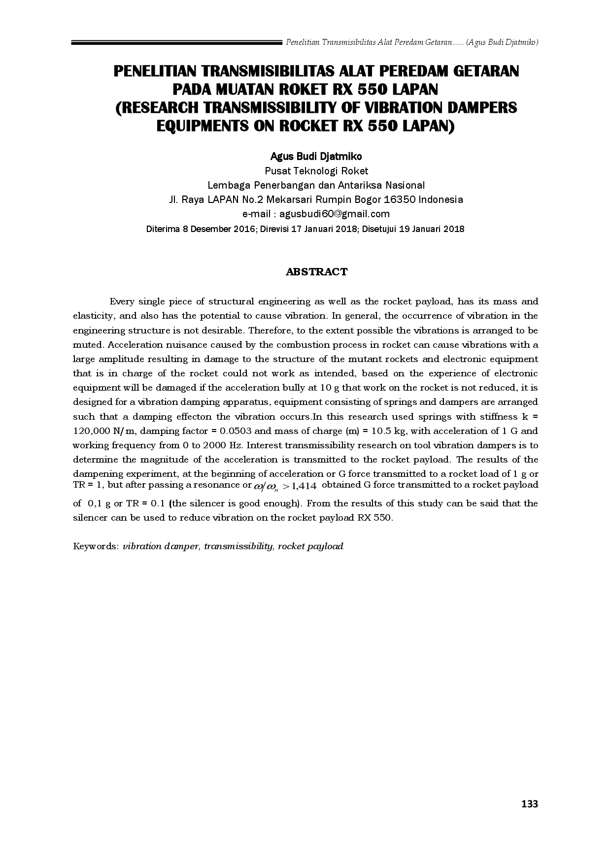 juris Penelitian Transmisibilitas Alat Peredam Getaran Pada Muatan Roket RX 550 LAPAN
