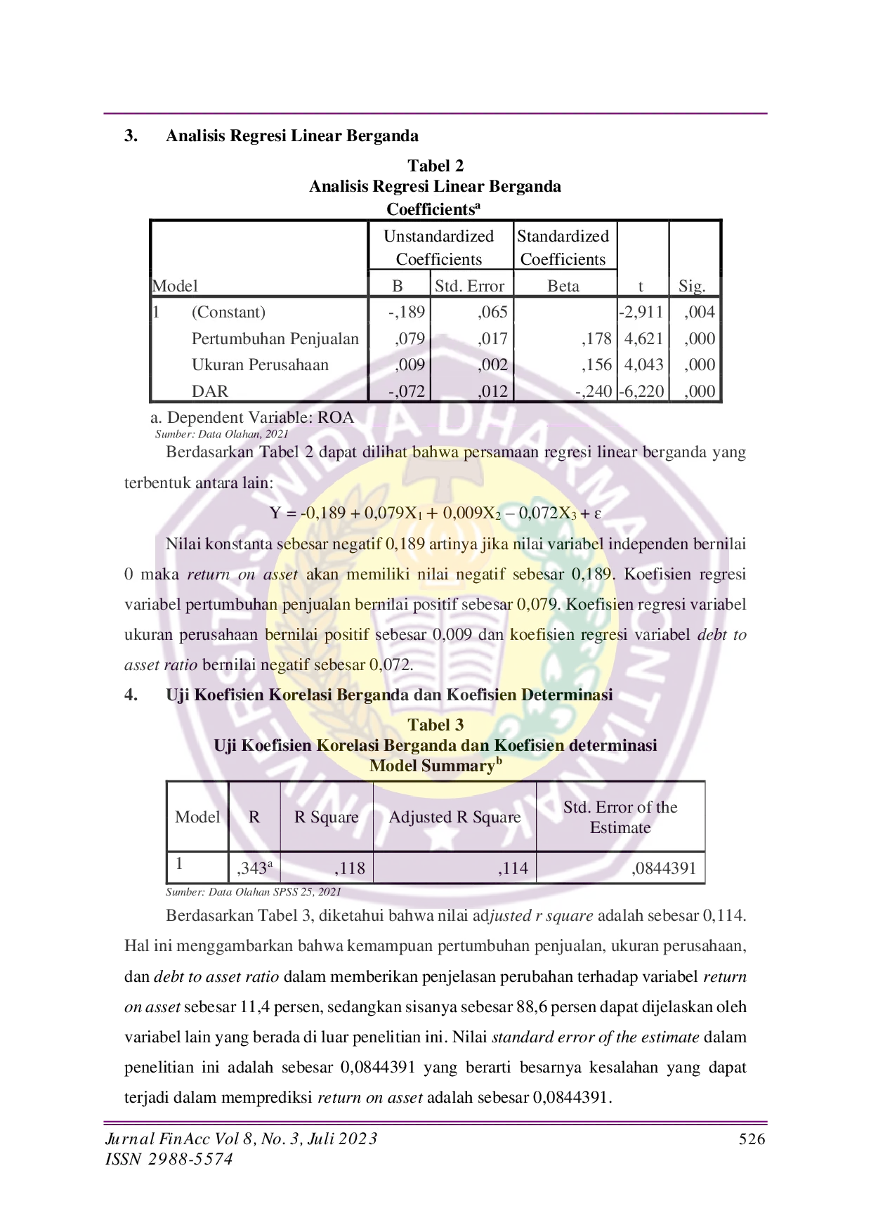 JURIS Analisis Pengaruh Pertumbuhan Penjualan Ukuran Perusahaan dan Debt to Asset Ratio terhadap Return on Asset pada Perusahaan Manufaktur di Bursa Efek Indonesia