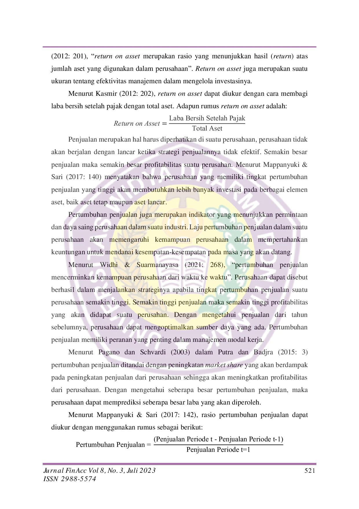 JURIS Analisis Pengaruh Pertumbuhan Penjualan Ukuran Perusahaan dan Debt to Asset Ratio terhadap Return on Asset pada Perusahaan Manufaktur di Bursa Efek Indonesia