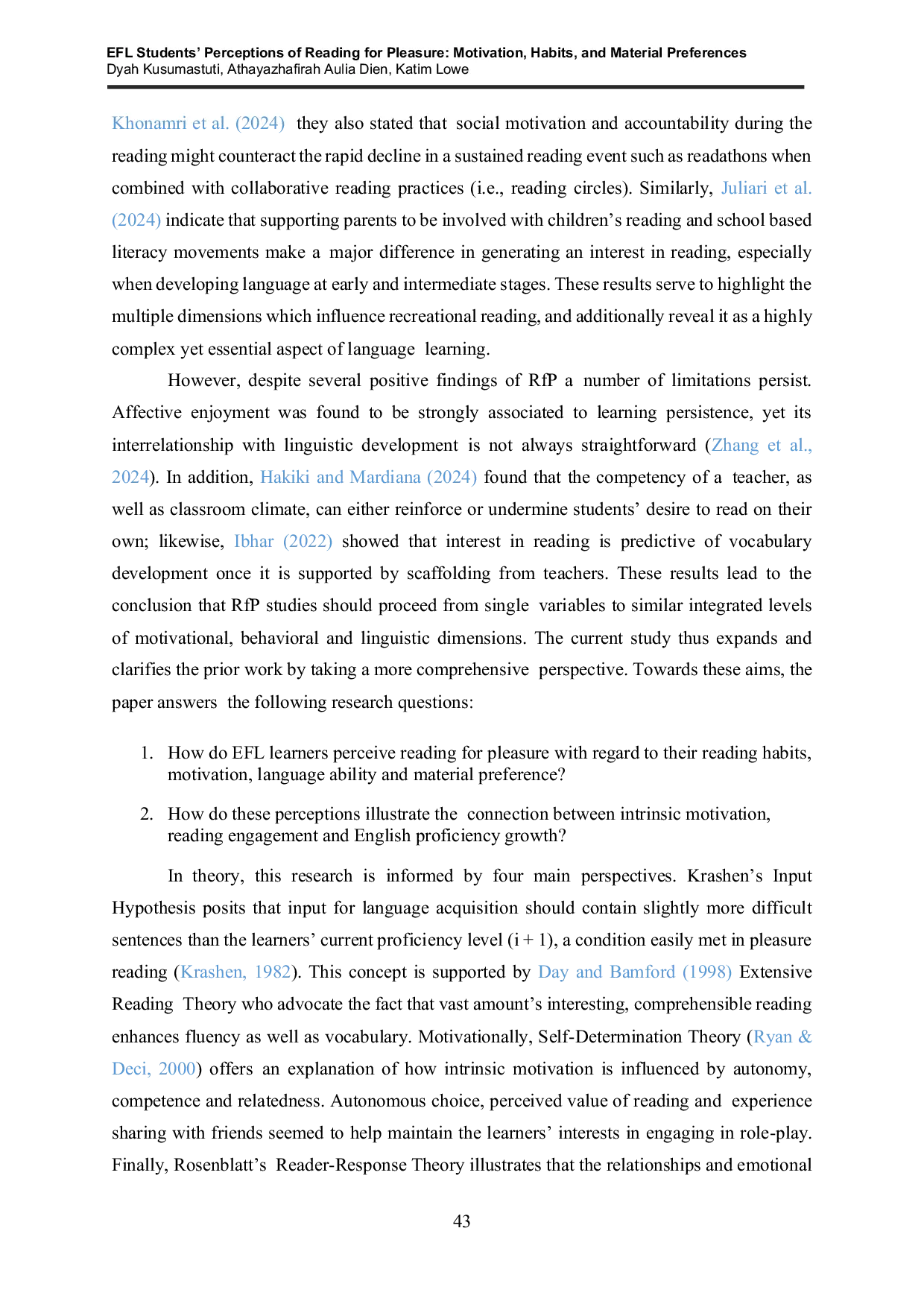 JURIS EFL Students Perceptions of Reading for Pleasure in Indonesian Higher Education Motivation Habits Material Preferences and Language Skill Development