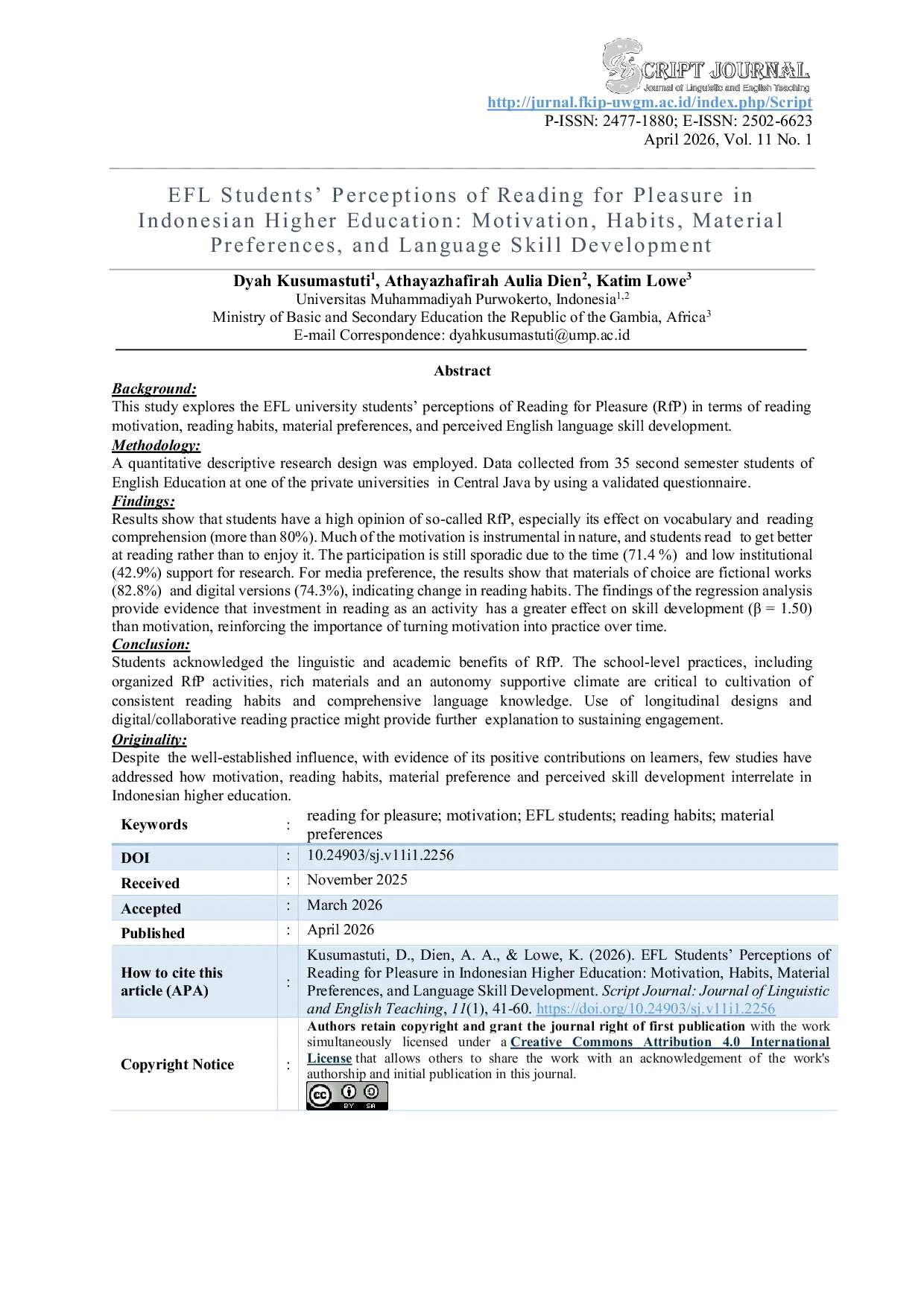 JURIS EFL Students Perceptions of Reading for Pleasure in Indonesian Higher Education Motivation Habits Material Preferences and Language Skill Development