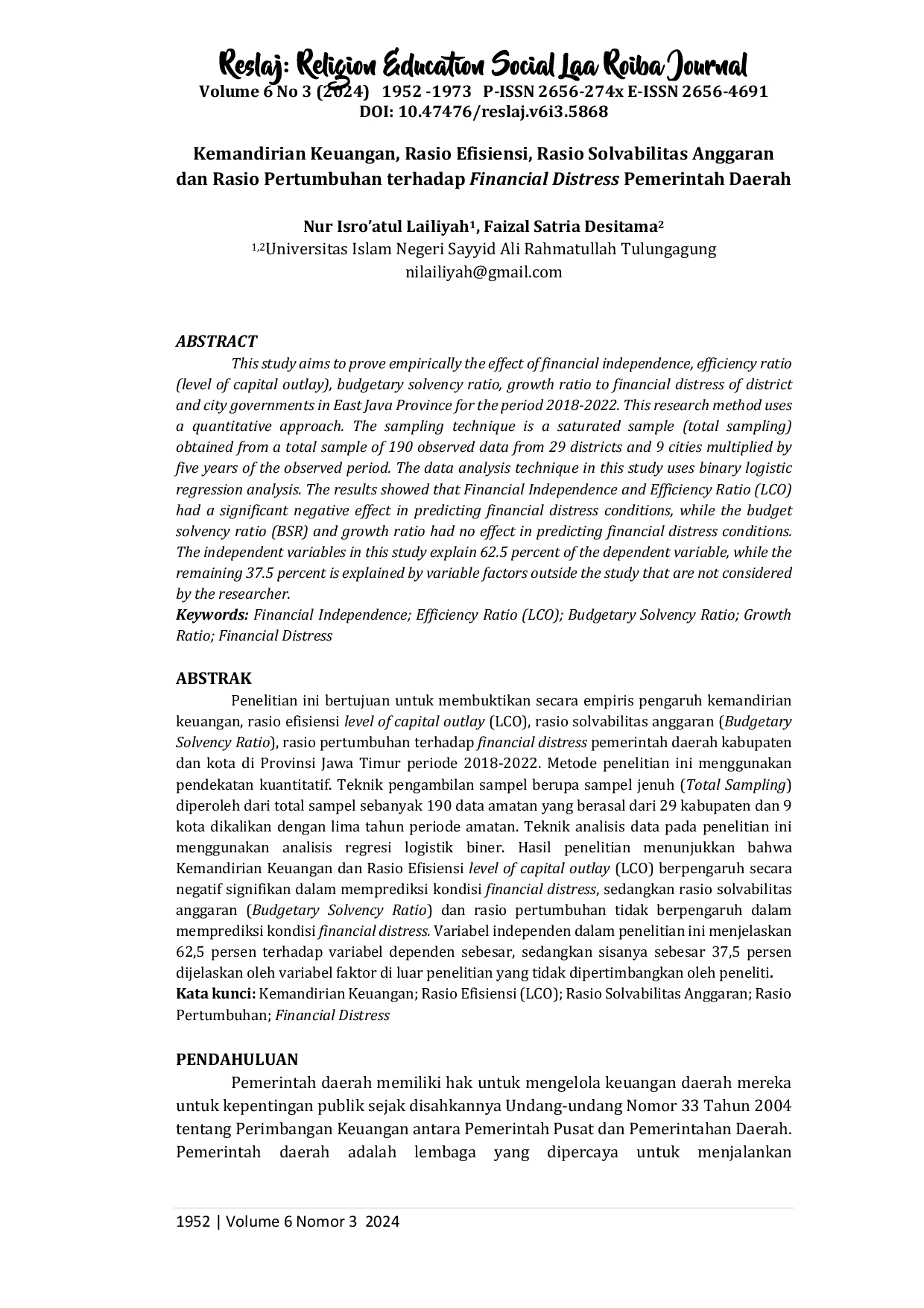 JURIS Kemandirian Keuangan Rasio Efisiensi Rasio Solvabilitas Anggaran dan Rasio Pertumbuhan terhadap Financial Distress Pemerintah Daerah