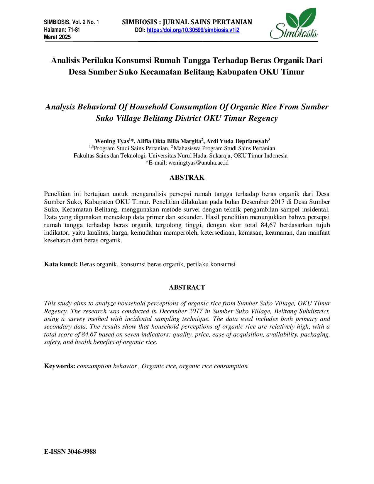 JURIS Analisis Perilaku Konsumsi Rumah Tangga Terhadap Beras Organik Dari Desa Sumber Suko Kecamatan Belitang Kabupaten OKU Timur