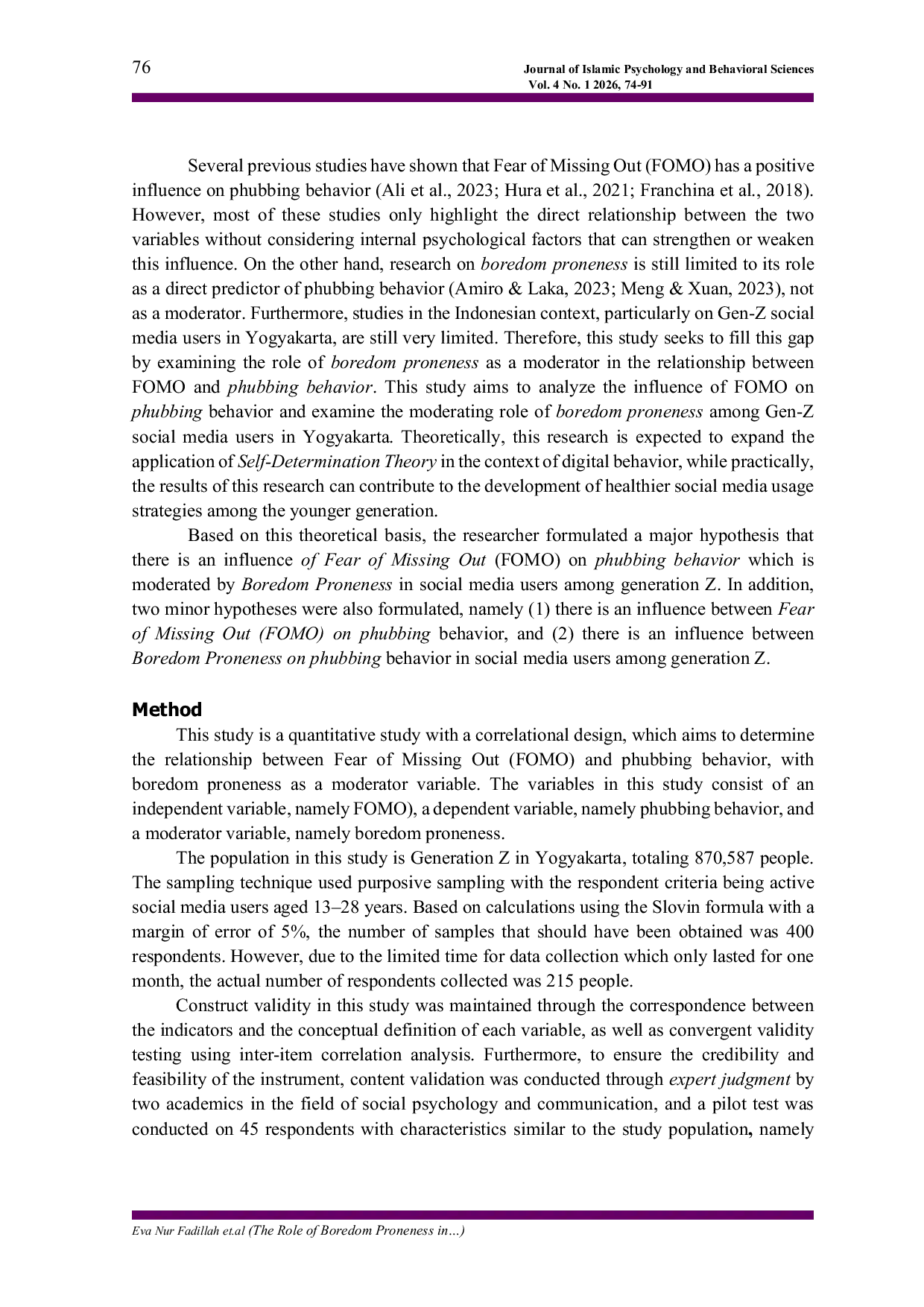 JURIS The Role of Boredom Proneness in Moderation of The Relationship between FoMO and Phubbing Behavior of Yogyakarta s Gen Z