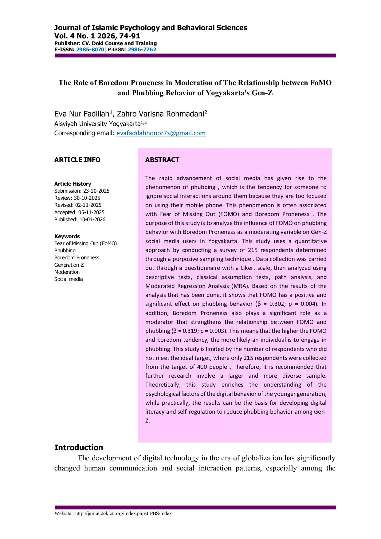 JURIS The Role of Boredom Proneness in Moderation of The Relationship between FoMO and Phubbing Behavior of Yogyakarta s Gen Z