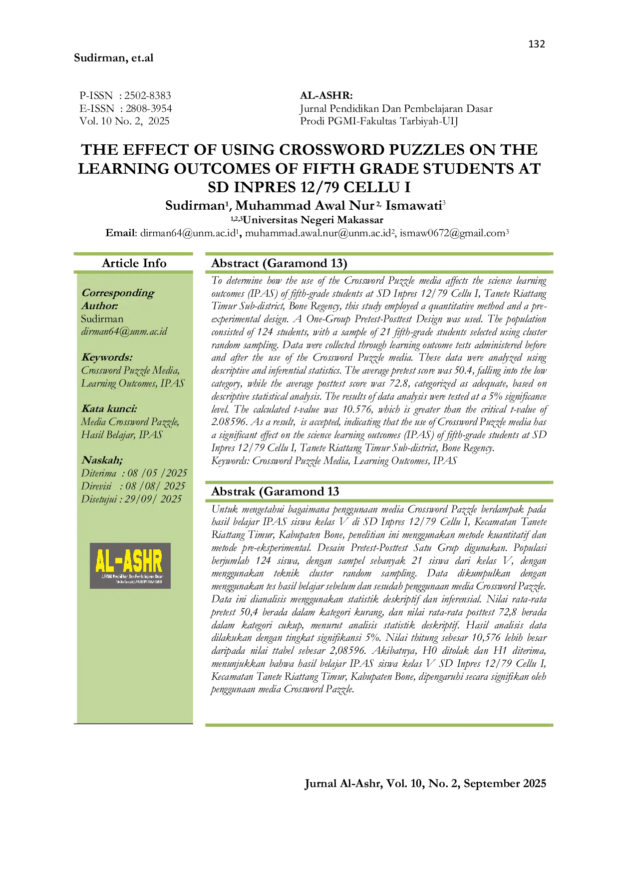 JURIS The Effect of Using Crossword Puzzles on the Learning Outcomes of Fifth Grade Students at SD Inpres 12 79 Cellu I
