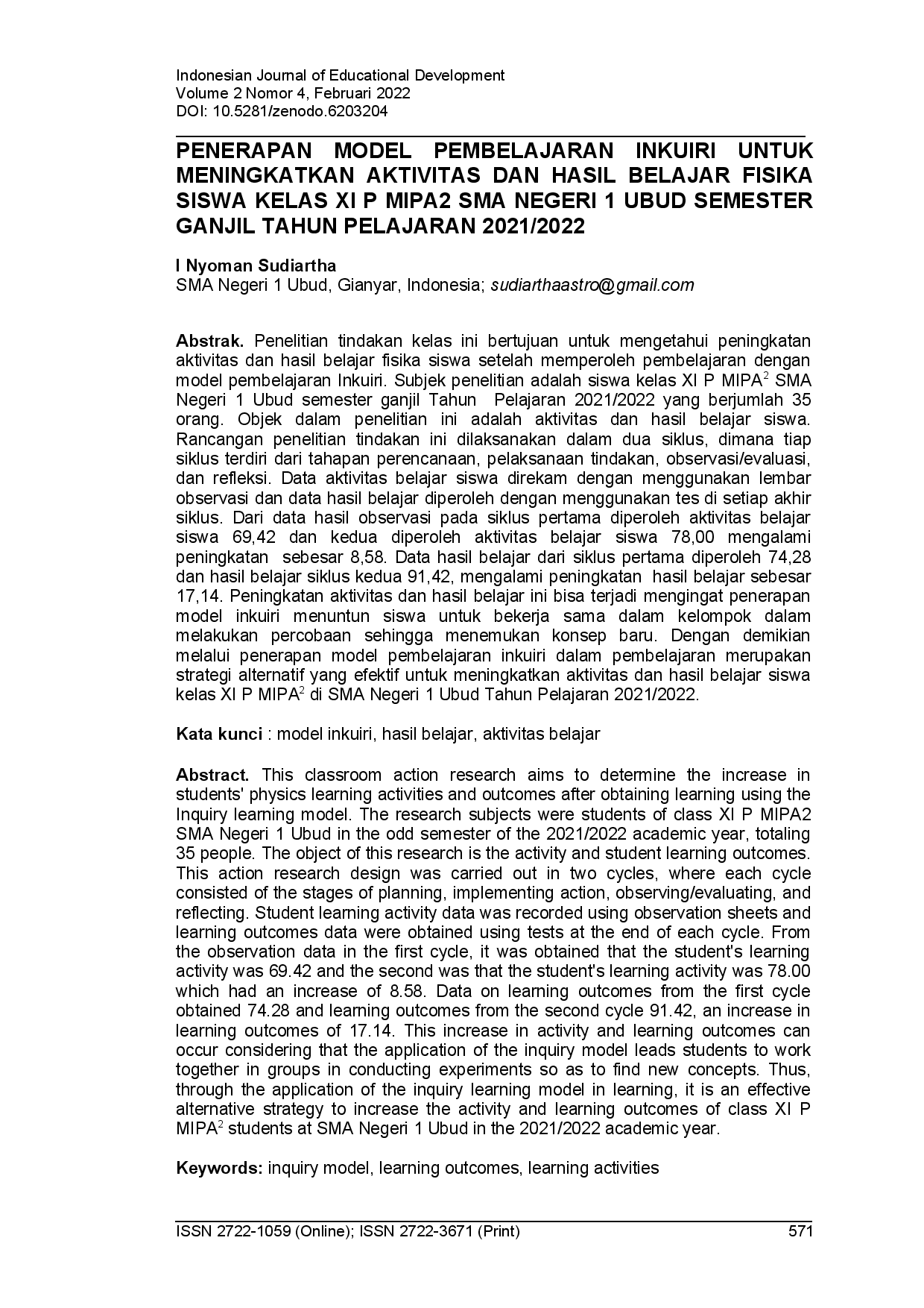 juris Penerapan model pembelajaran inkuiri untuk meningkatkan aktivitas dan hasil belajar fisika siswa kelas XI P MIPA2 SMA negeri 1 Ubud semester ganjil tahun pelajaran 2021 2022