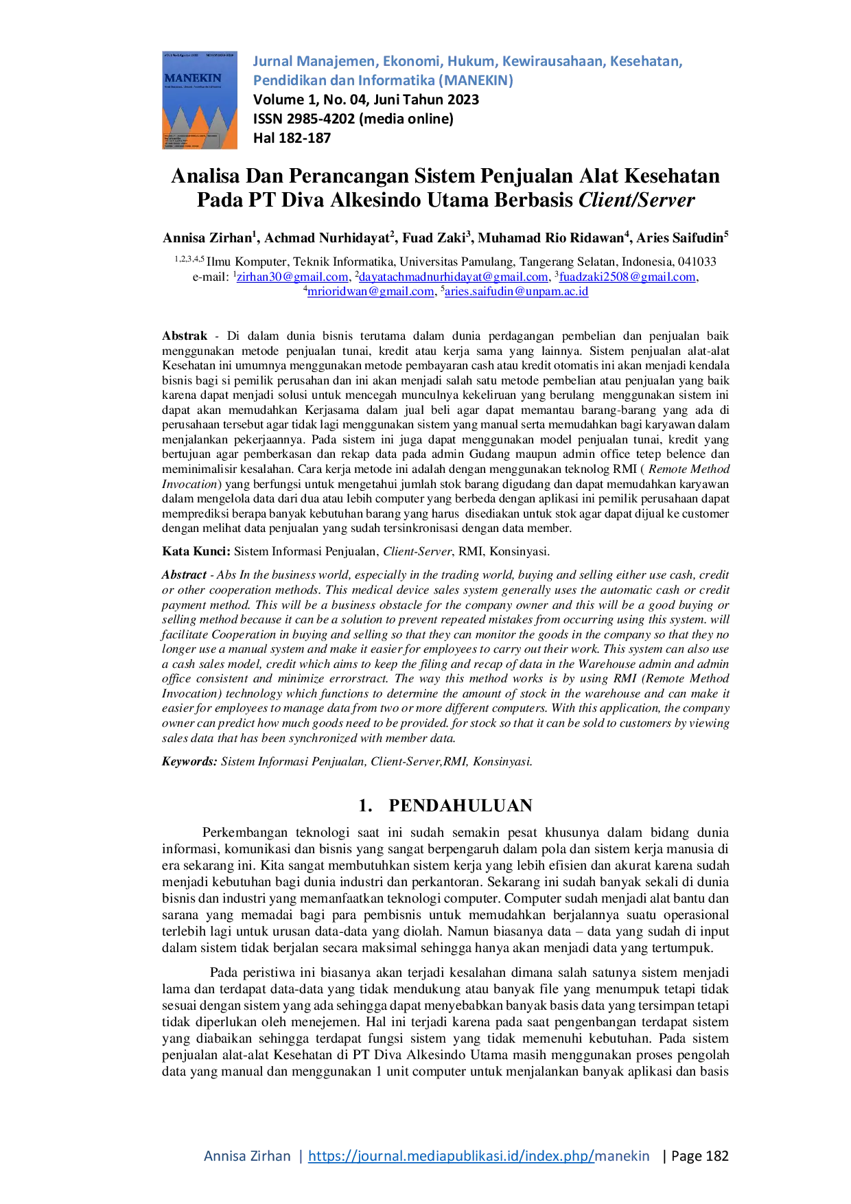 JURIS Analisa Dan Perancangan Sistem Penjualan Alat Kesehatan Pada PT Diva Alkesindo Utama Berbasis Client Server