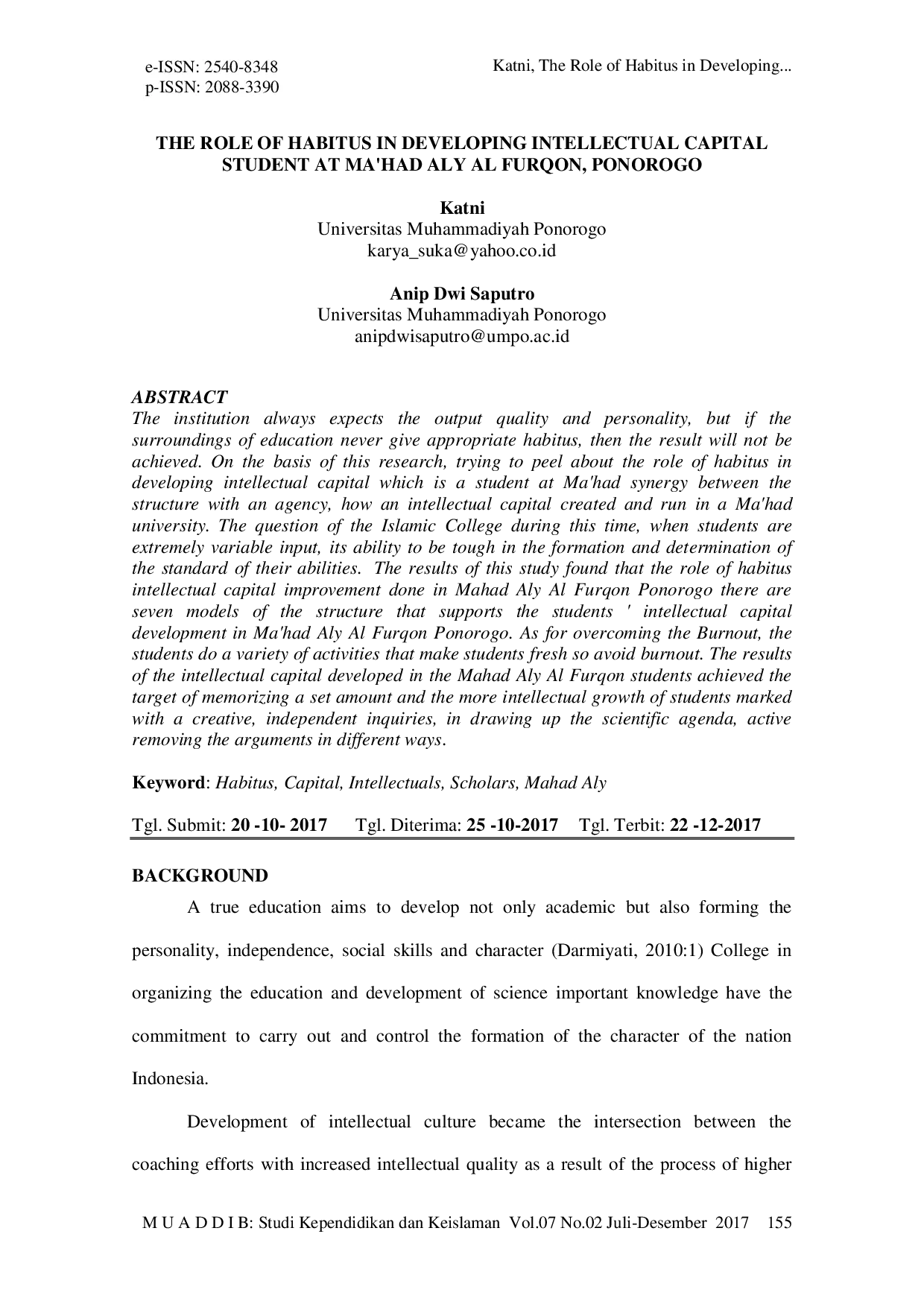 JURIS The Role of Habitus in Developing Intellectual Capital Student at Ma had Aly Al Furqon Ponorogo