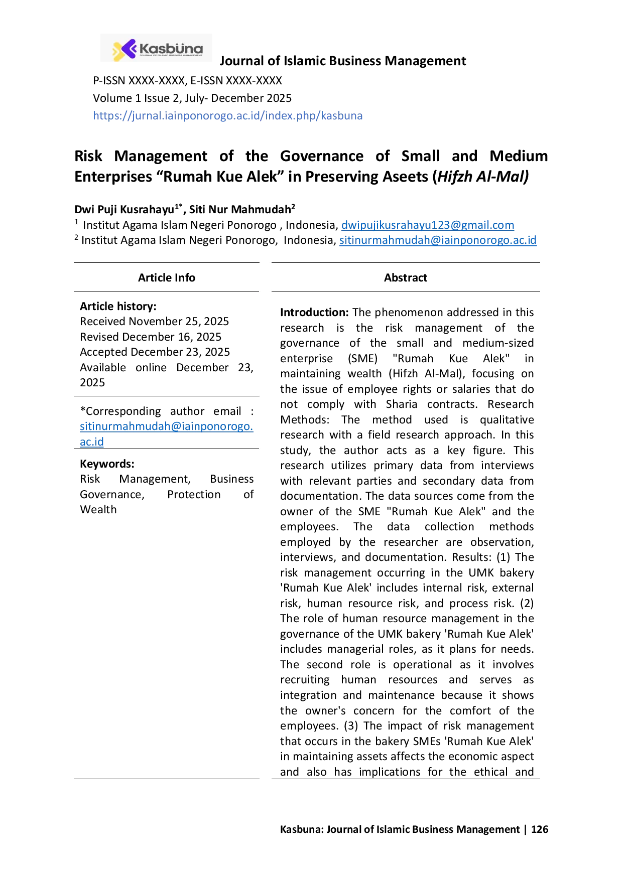 JURIS Risk Management of the Governance of Small and Medium Enterprises Rumah Kue Alek in Preserving Aseets Hifzh Al Mal