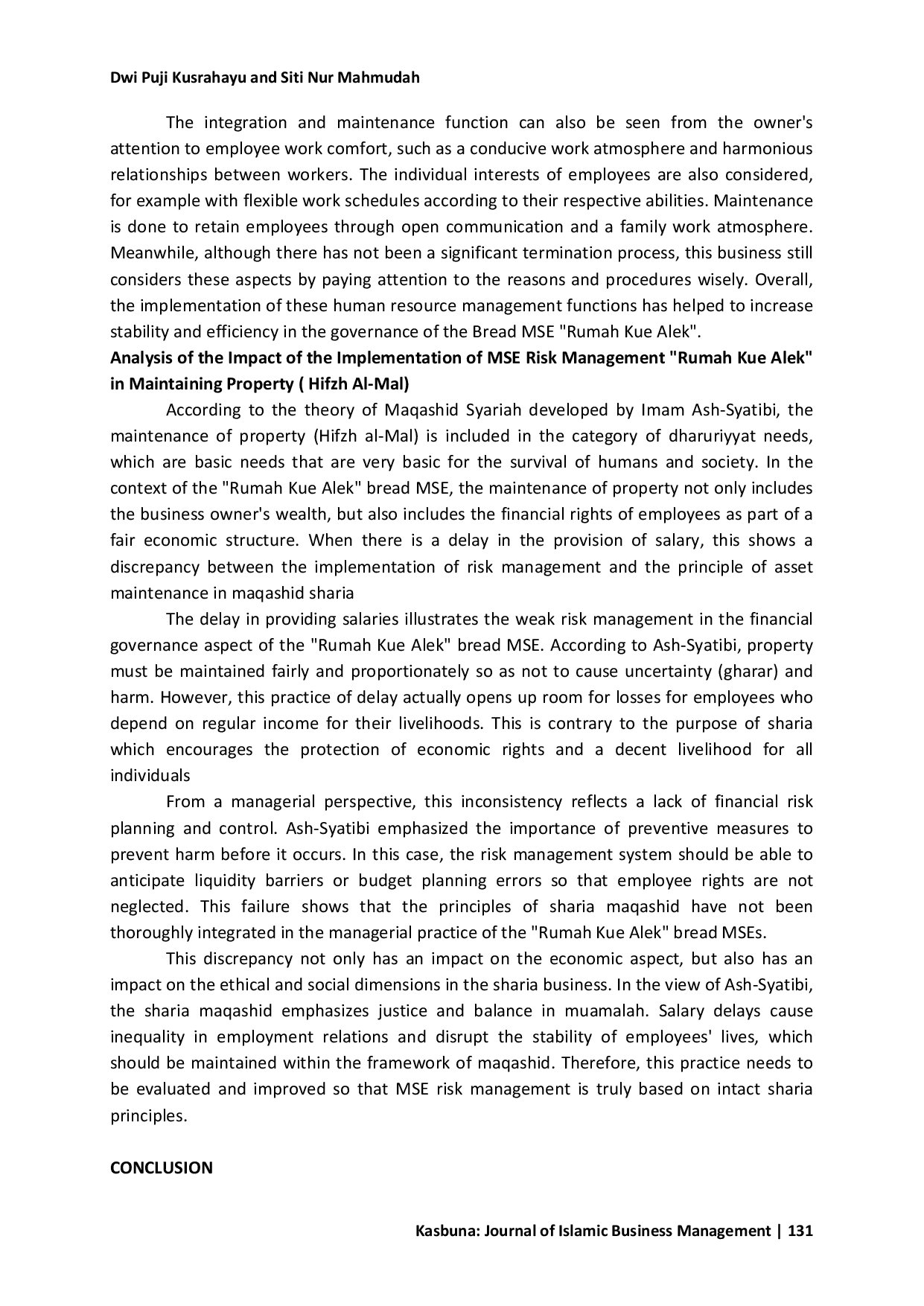 JURIS Risk Management of the Governance of Small and Medium Enterprises Rumah Kue Alek in Preserving Aseets Hifzh Al Mal