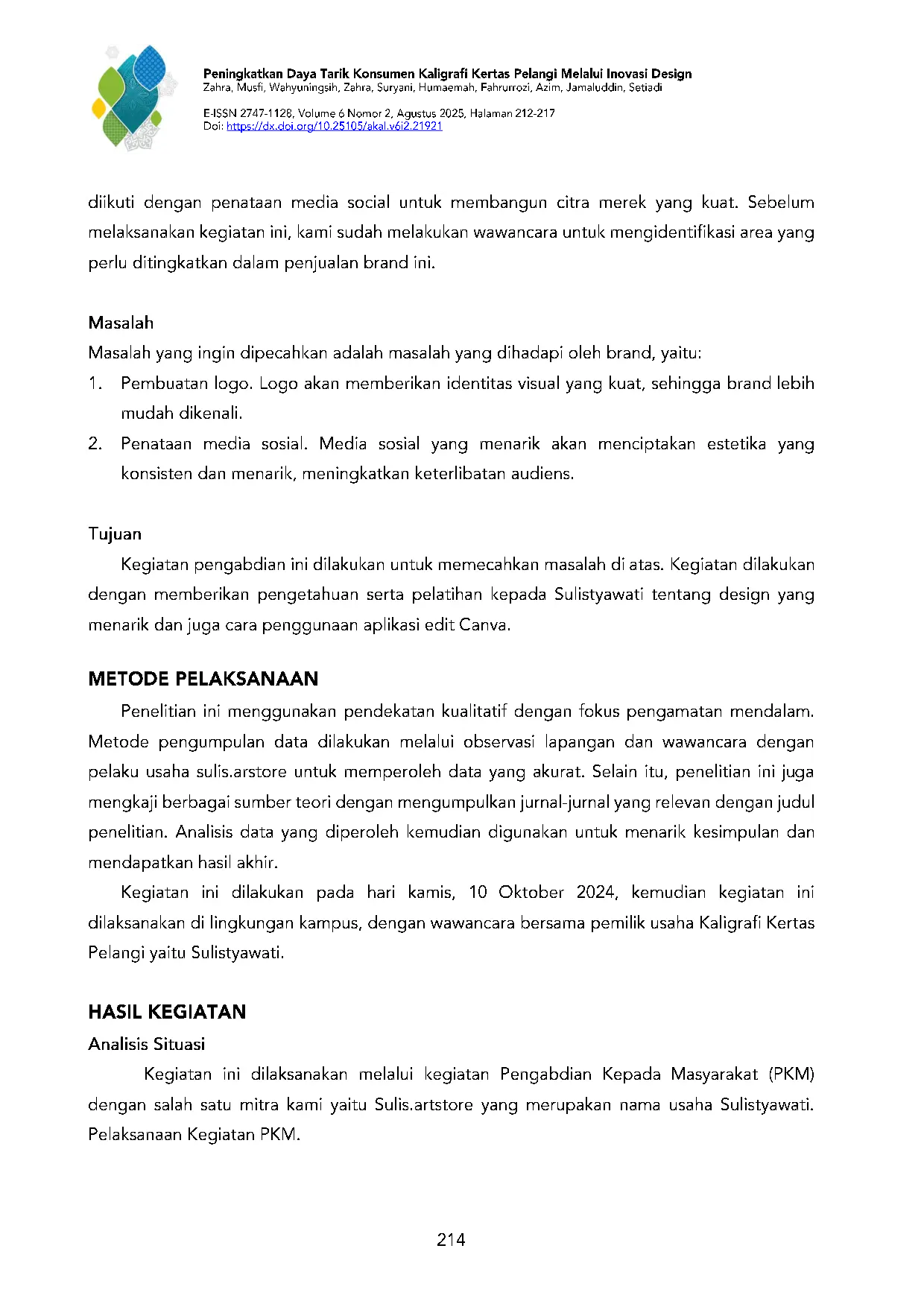 JURIS Peningkatan Daya Tarik Konsumen Kaligrafi Kertas Pelangi Melalui Inovasi Design