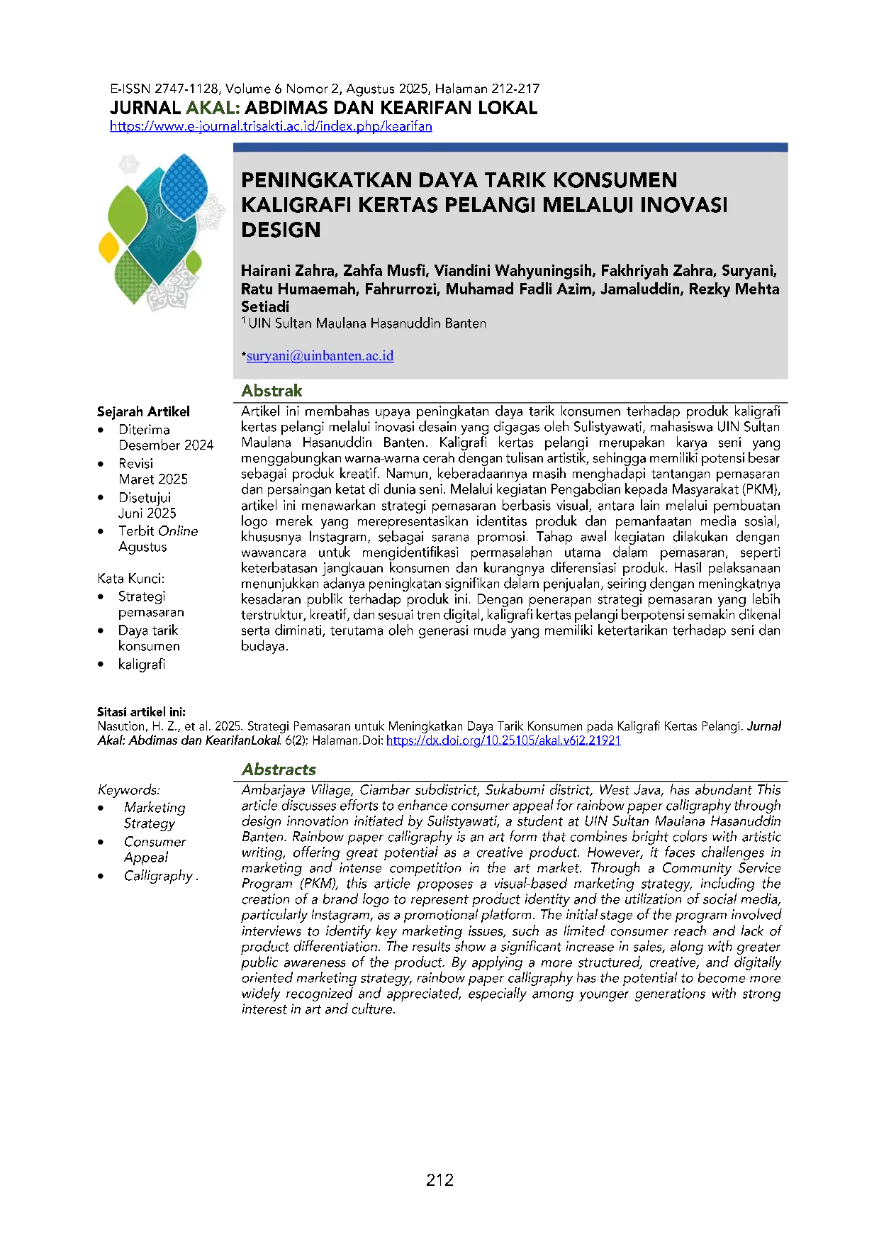 JURIS Peningkatan Daya Tarik Konsumen Kaligrafi Kertas Pelangi Melalui Inovasi Design