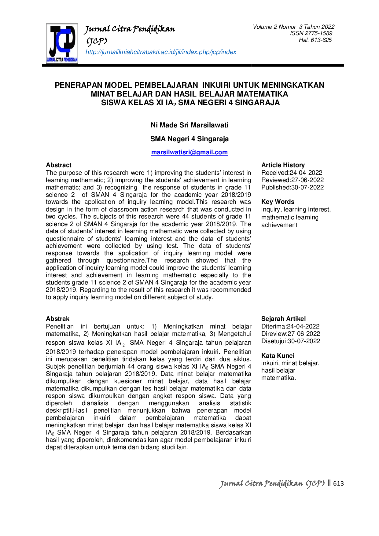 JURIS Penerapan Model Pembelajaran Inkuiri untuk Meningkatkan Minat Belajar dan Hasil Belajar Matematika Siswa Kelas XI IA2 SMA Negeri 4 Singaraja