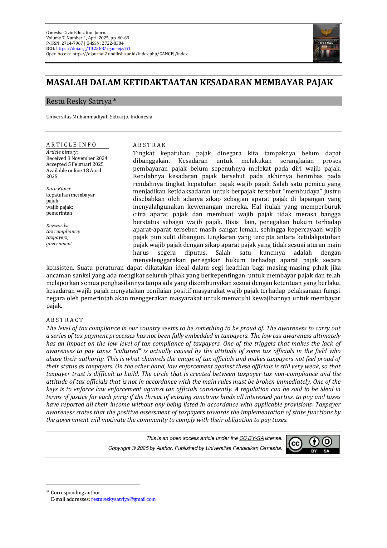 JURIS Masalah dalam Ketidaktaatan Kesadaran Membayar Pajak