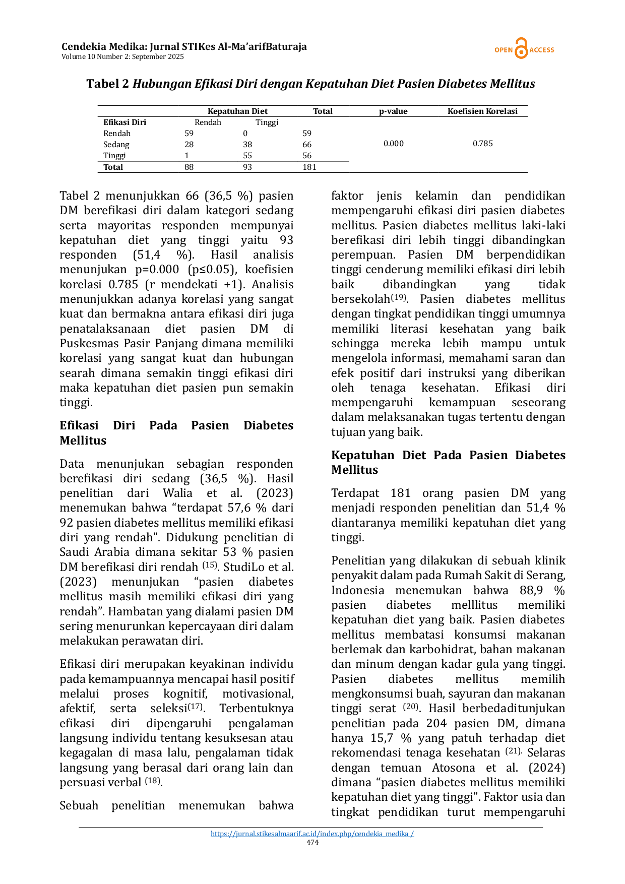 JURIS Self Efficacy and Dietary Adherence in Patient with Diabetes Mellitus A Cross Sectional Study