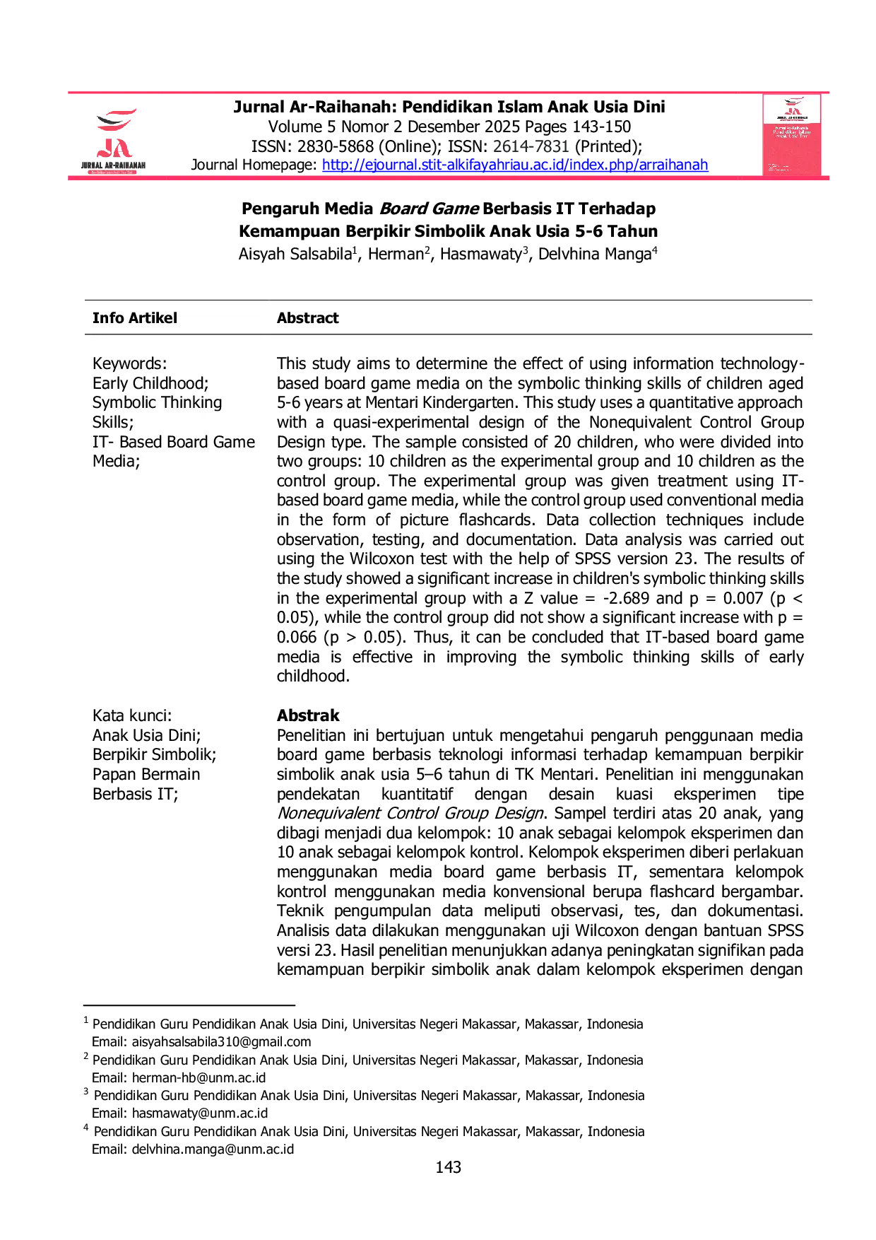 JURIS Pengaruh Media Board Game Berbasis IT Terhadap Kemampuan Berpikir Simbolik Anak Usia 5 6 Tahun
