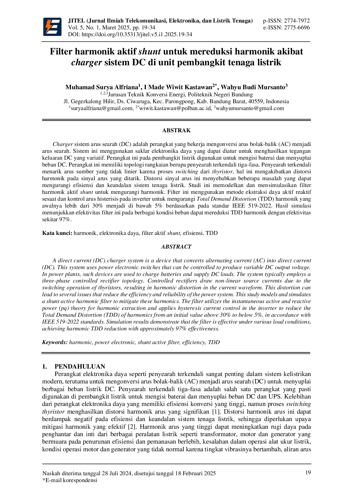 JURIS Filter harmonik aktif shunt untuk mereduksi harmonik akibat charger sistem DC di unit pembangkit tenaga listrik