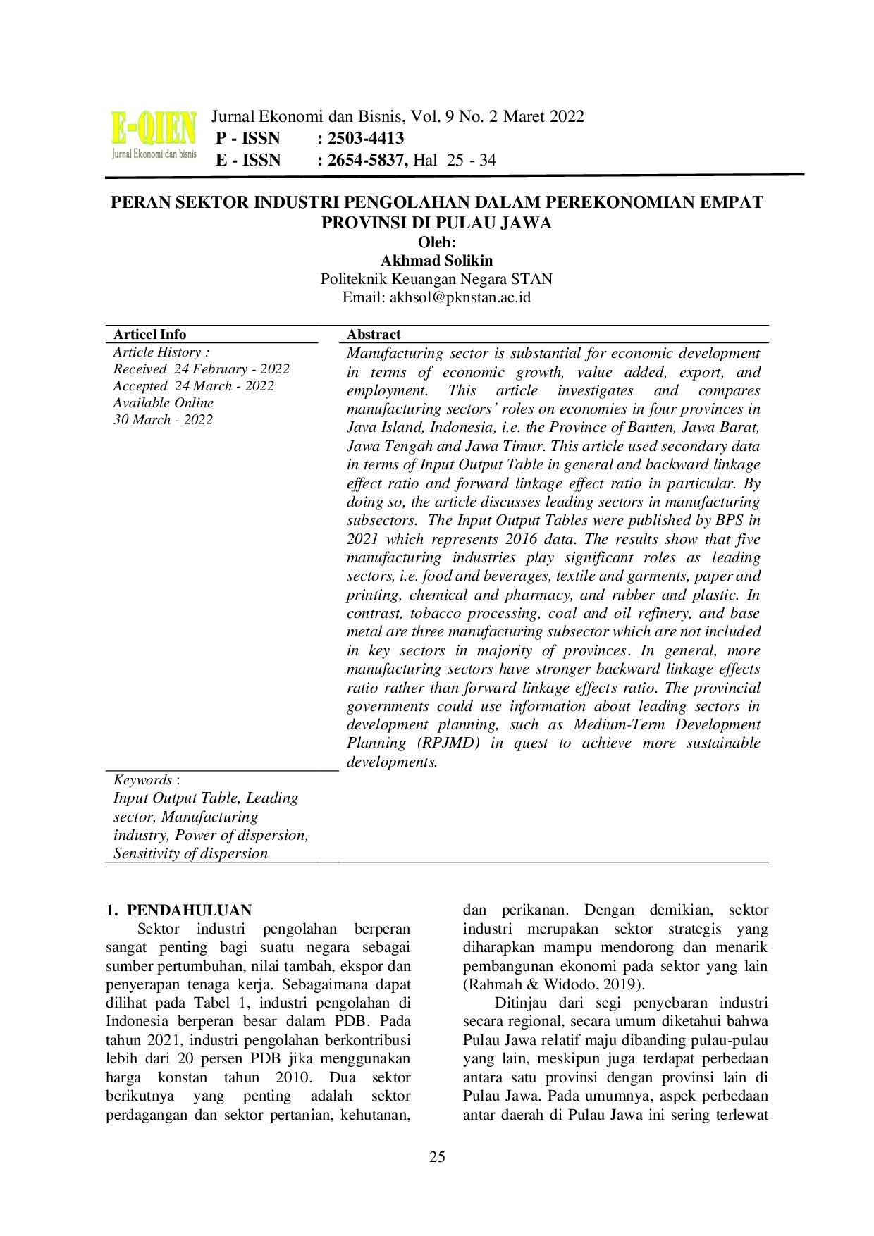 JURIS Peran Sektor Industri Pengolahan Dalam Perekonomian Empat Provinsi Di Pulau Jawa