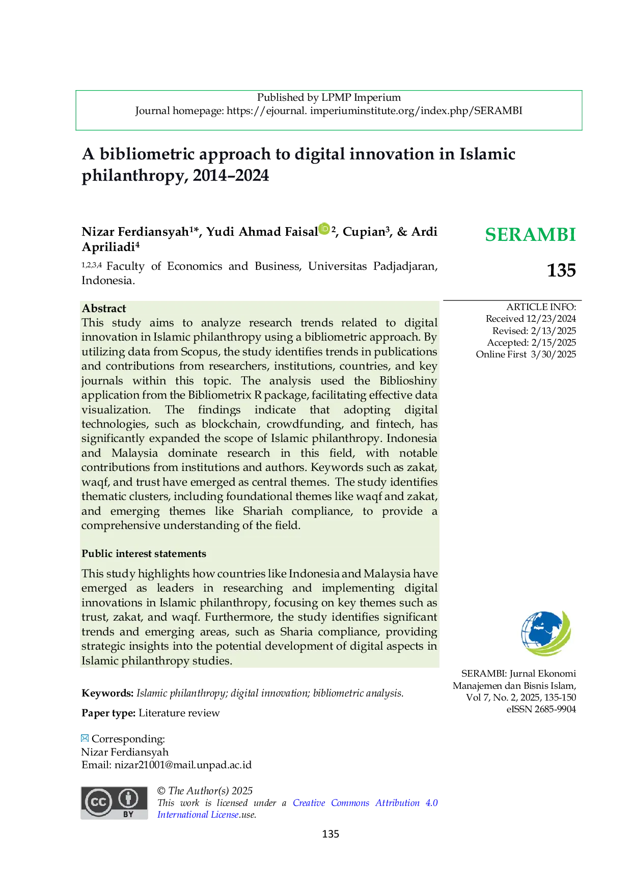 JURIS A bibliometric approach to digital innovation in Islamic philanthropy 2014 2024