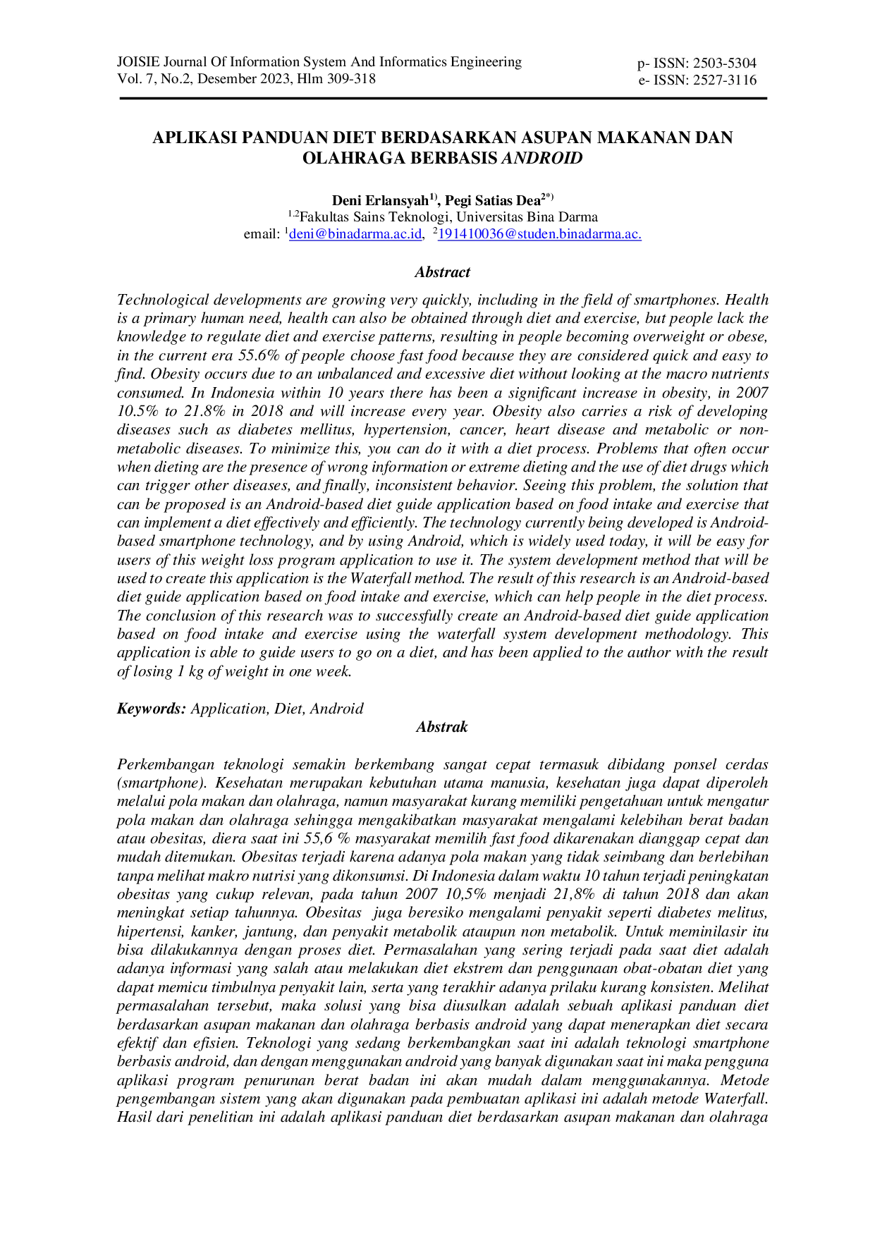 JURIS Aplikasi Panduan Diet Berdasarkan Asupan Makanan dan Olahraga Berbasis Android