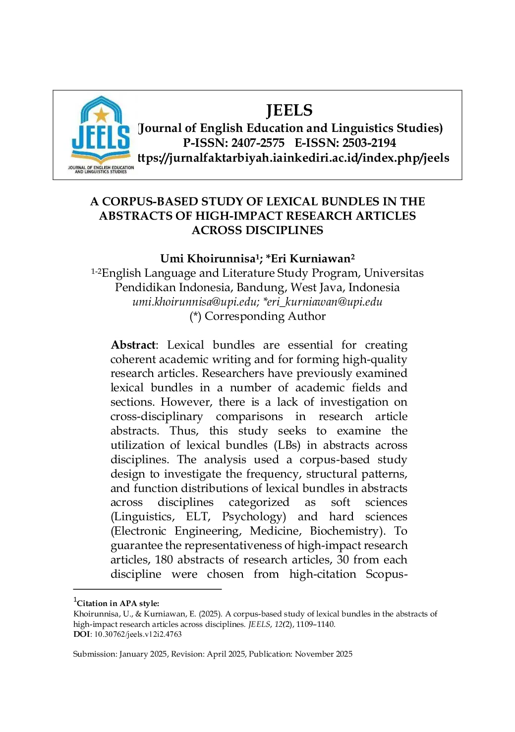 JURIS Corpus Based Study of Lexical Bundles in the Abstracts of High Impact Research Articles across Disciplines