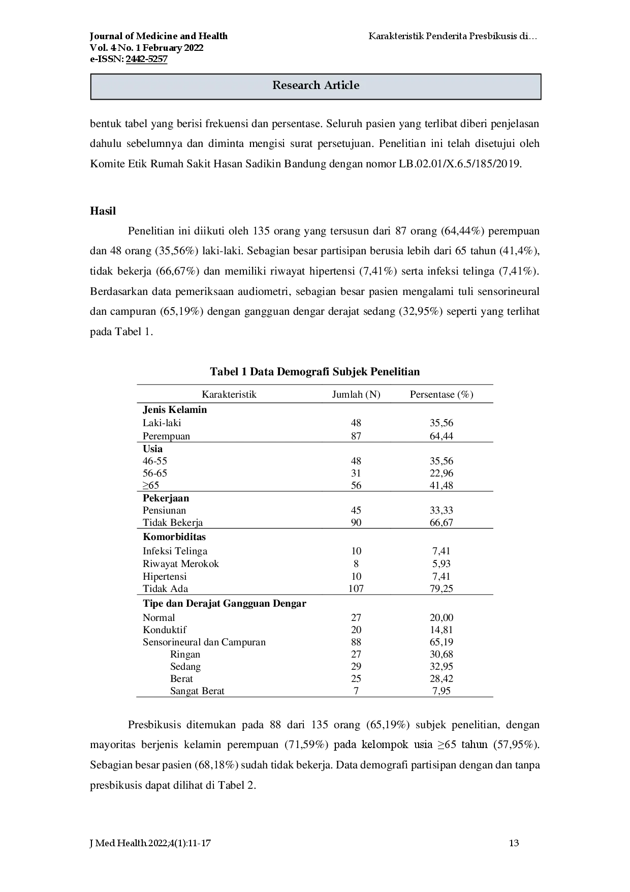 juris Karakteristik Penderita Presbikusis di Kota Bandung Tahun 2019