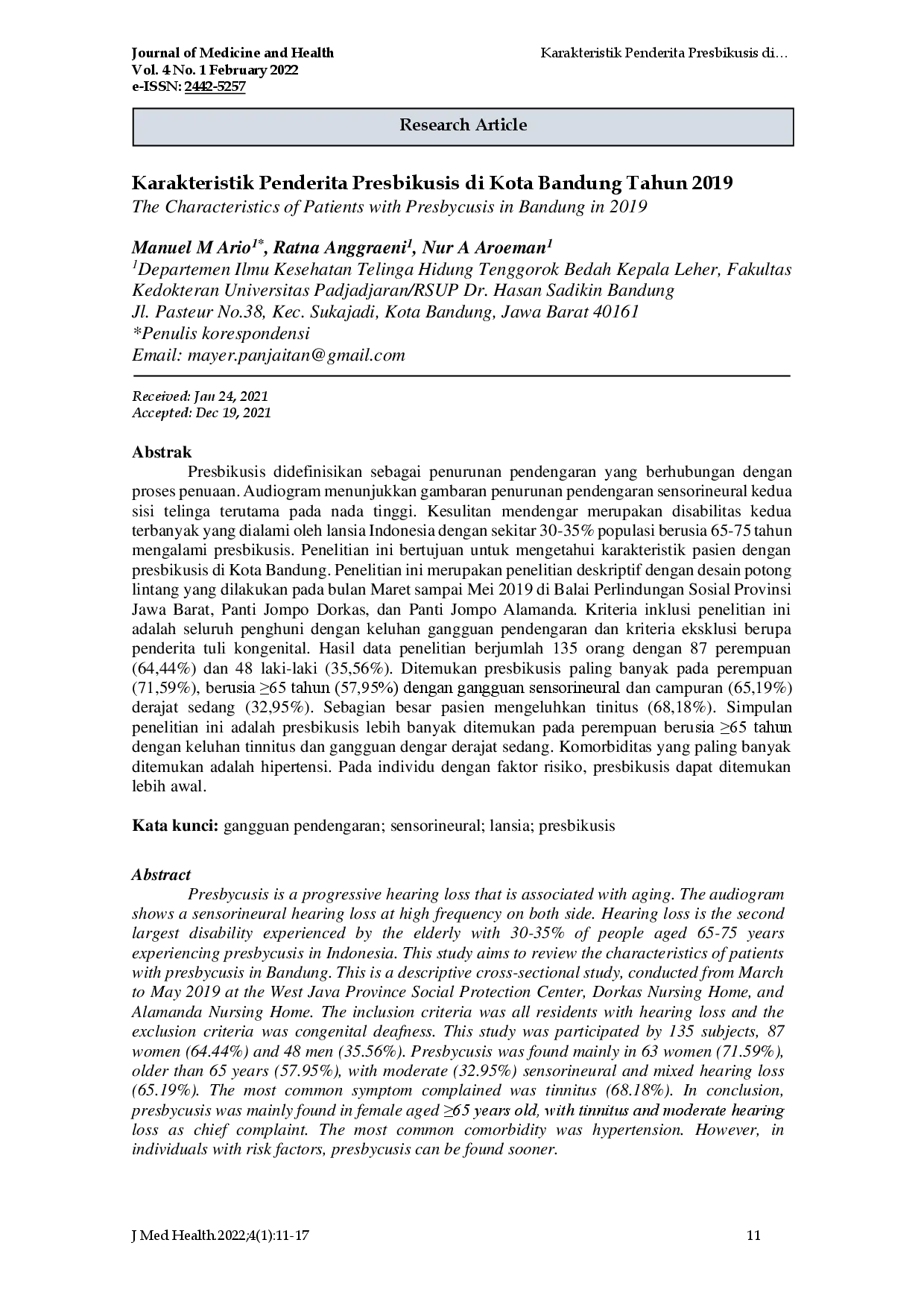 juris Karakteristik Penderita Presbikusis di Kota Bandung Tahun 2019