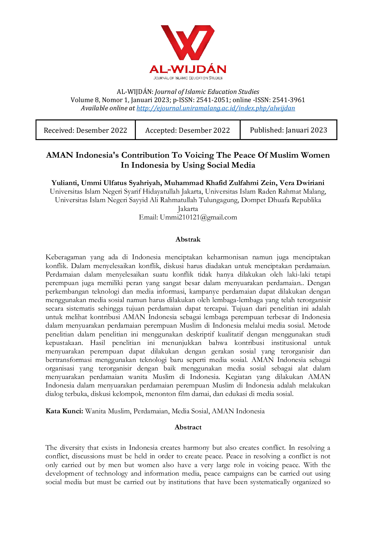 JURIS AMAN Indonesia s Contribution To Voicing The Peace Of Muslim Women In Indonesia by Using Social Media