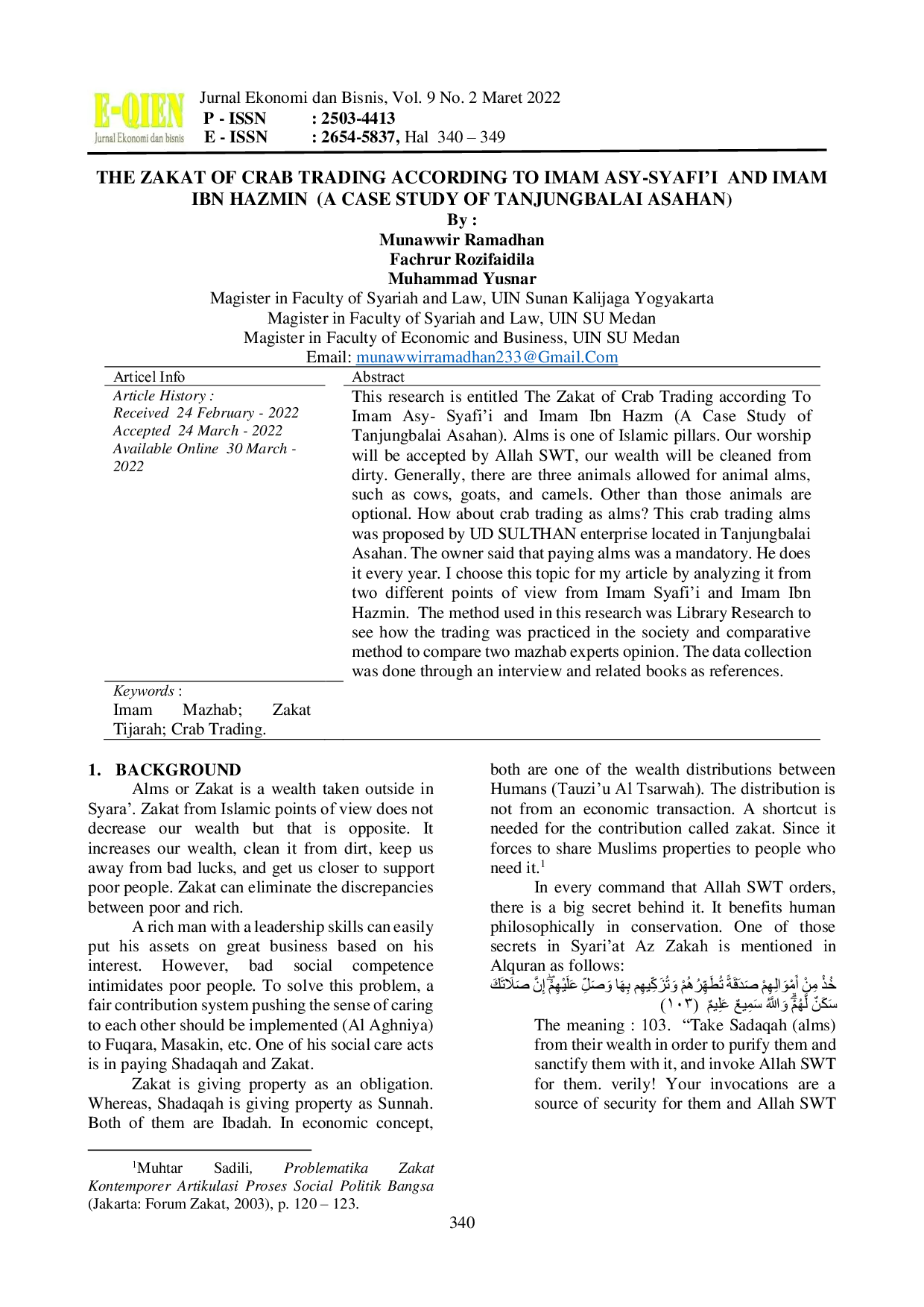 JURIS The Zakat Of Crab Trading According To Imam Asy Syafi I And Imam Ibn Hazmin A Case Study Of Tanjungbalai Asahan