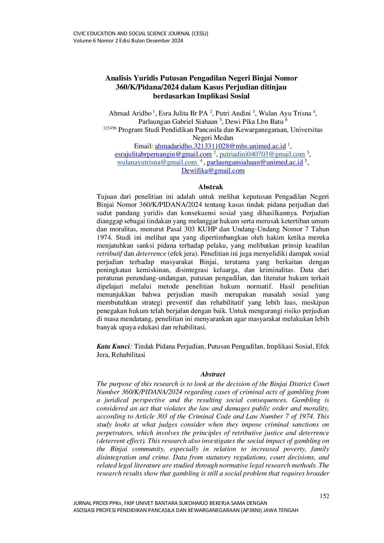 JURIS Analisis Yuridis Putusan Pengadilan Negeri Binjai Nomor 360 K Pidana 2024 dalam Kasus Perjudian ditinjau berdasarkan Implikasi Sosial