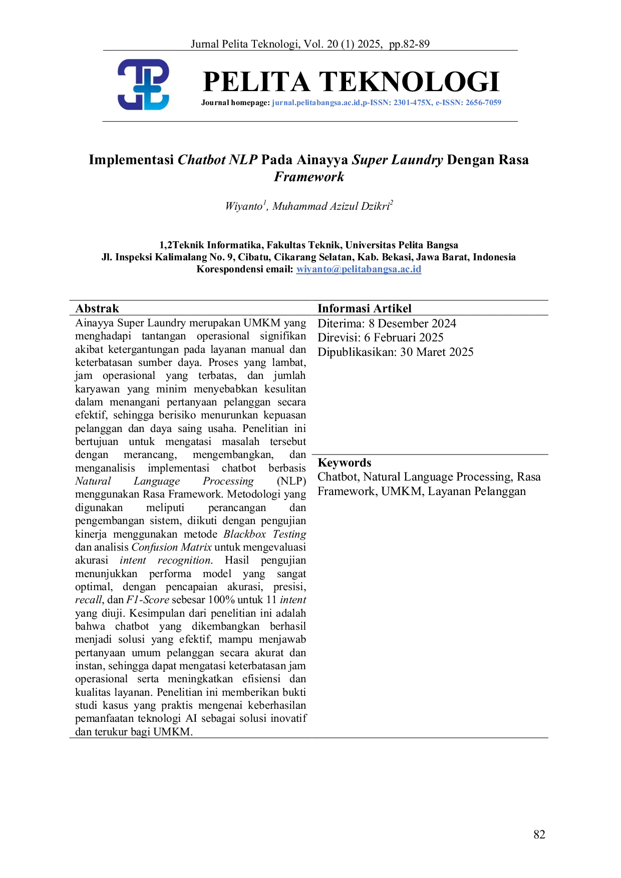 JURIS Implementasi Chatbot NLP Pada Ainayya Super Laundry Dengan Rasa Framework