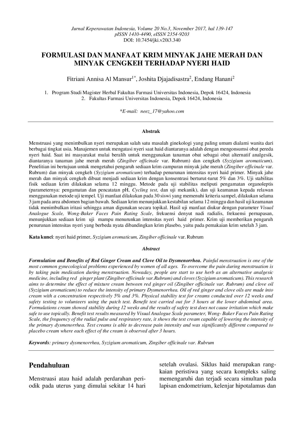 juris Formulasi Dan Manfaat Krim Minyak Jahe Merah Dan Minyak Cengkeh Terhadap Nyeri Haid